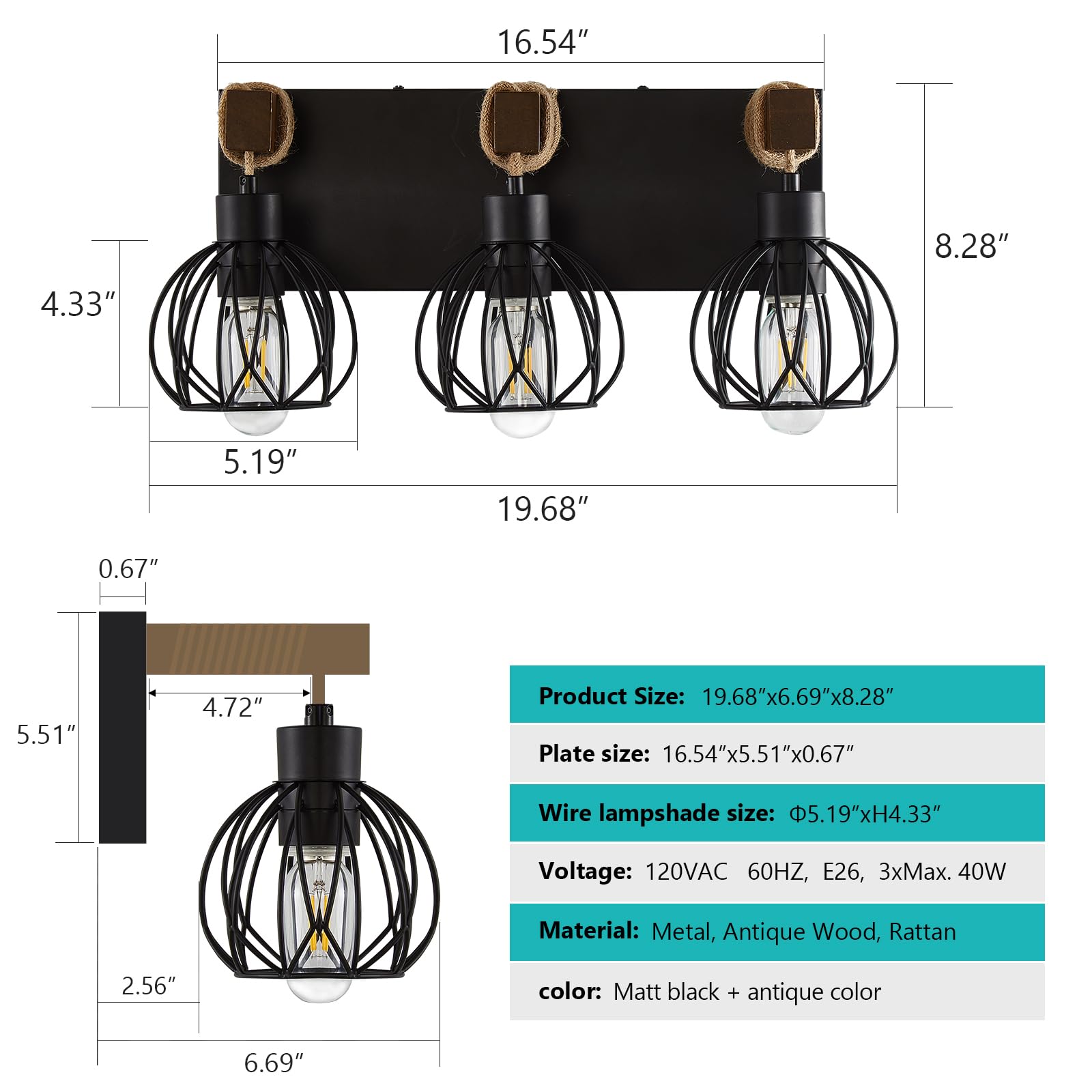 Farmhouse Bathroom Light Fixtures, 3 Light Wood Bathroom Lights Over Mirror, Rustic Rattan Black Vanity Light With Globe Metal Lampshade, Sconces Wall Lighting For Bathroom, Living Bedroom Hallway