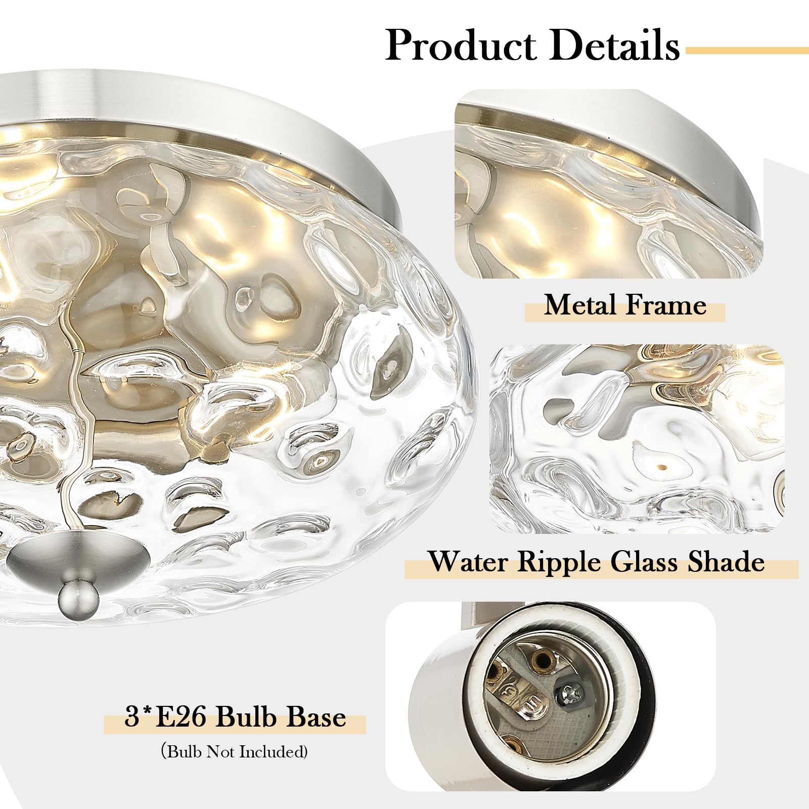 Darkaway Large Ceiling Light Fixtures 3-Ight Flush Mount Indoor Outdoor Ceiling Light With Water Ipple Glass Shade For Kitchen B