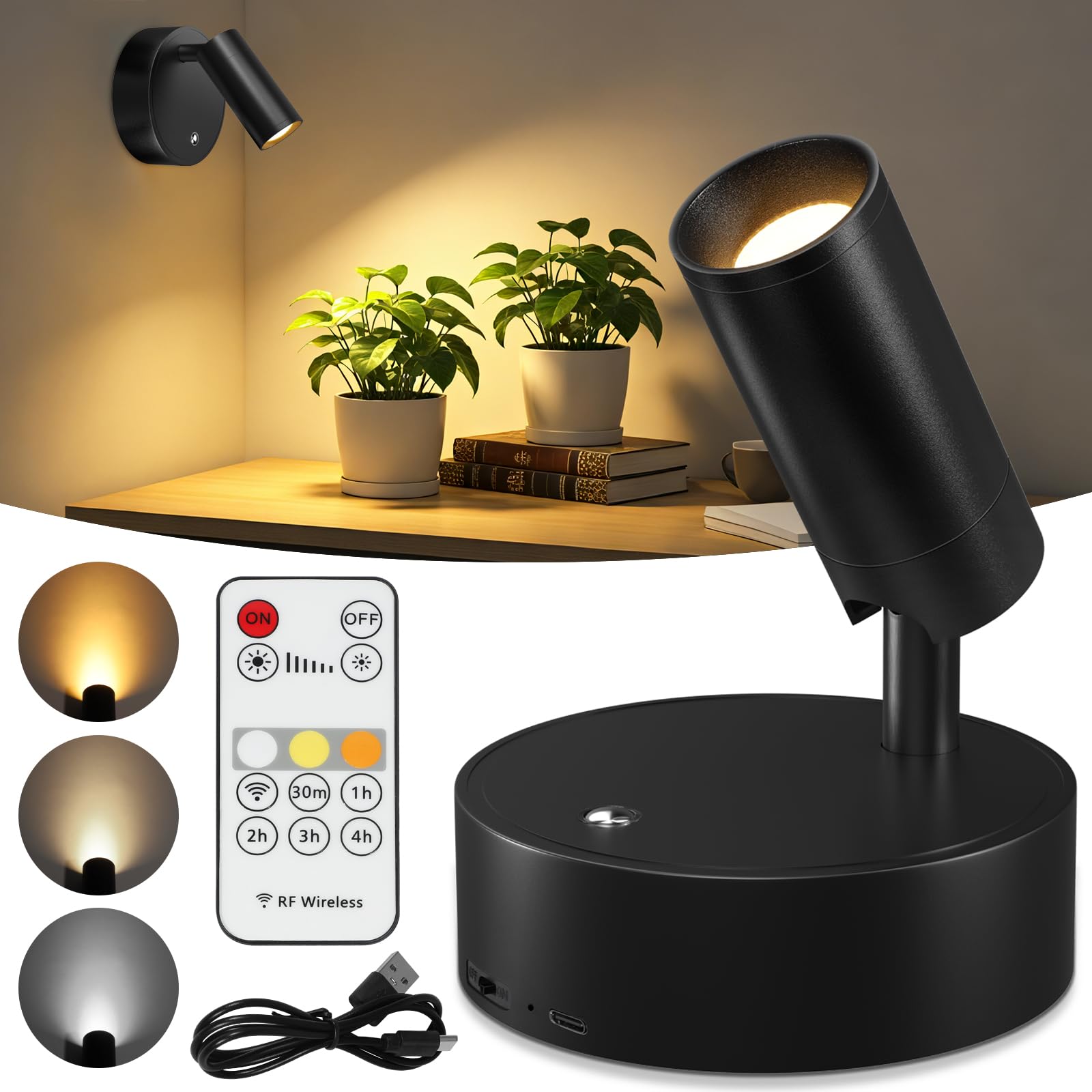 Kimjo Spot Lights Indoor, 4000mAh Rechargeable Battery LED Spotlight Indoor with Remote, Wireless Picture Lights with Timer Dimm