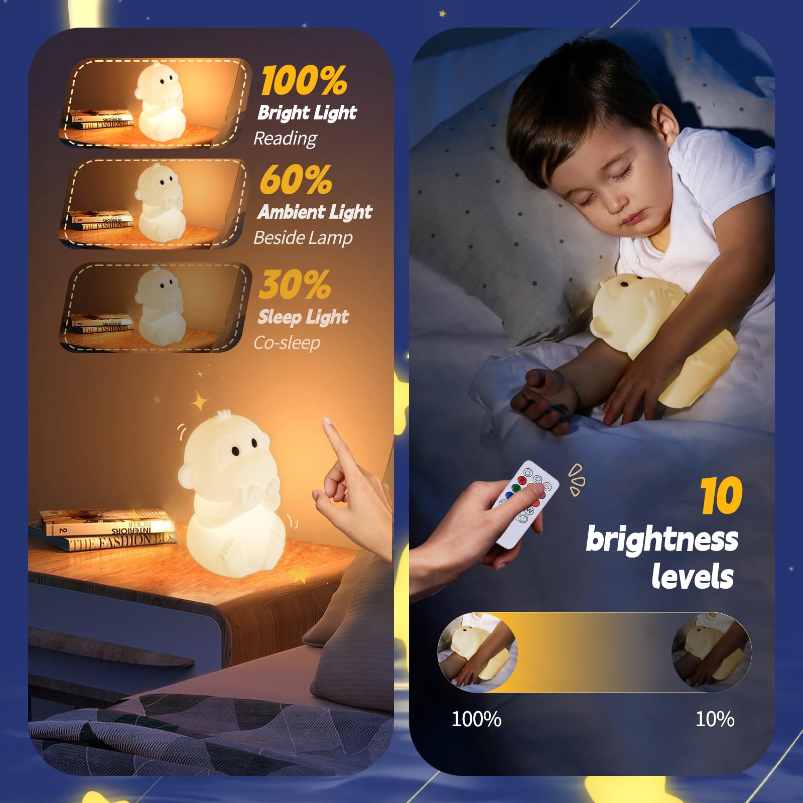 GAGBC Monkey Night Light for Kids, Remote & Tap Control, Color Change, 15/30/60 Min Timer, Dimmable, USB C Rechargeable, Cute Sq