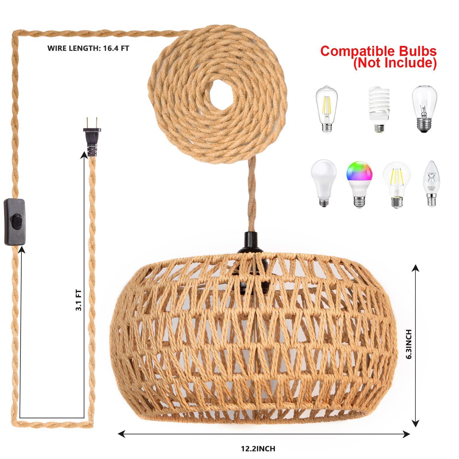 Eqquorva Plug In Pendant Light,Rattan Hanging Lights With Plug In Cord,Handmade Hanging Lamp Plug In,Rattan Light Fixtures Ceiling Hanging For Living Room Bedroom