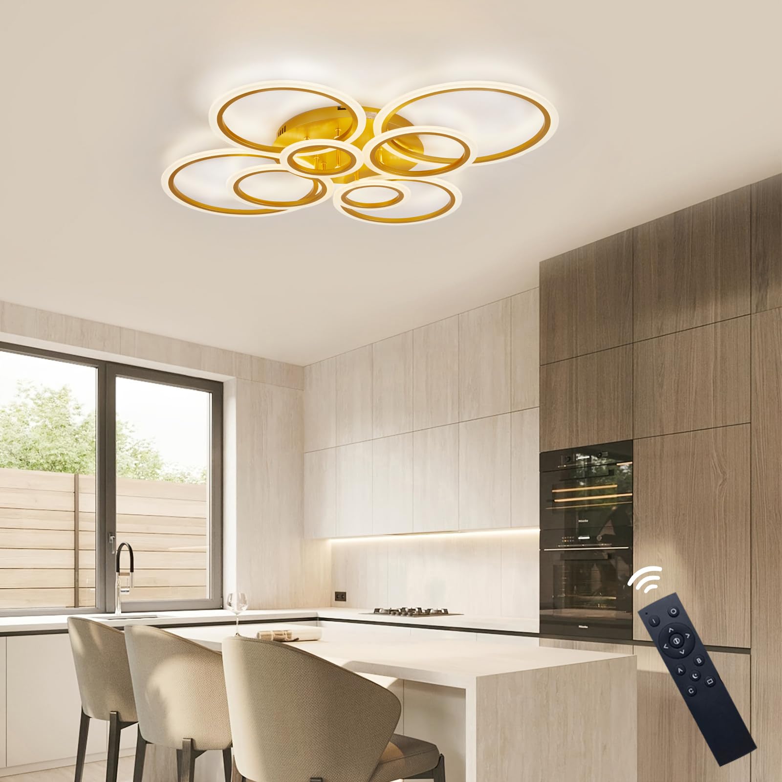 Dimmable Led Flush Mount Ceiling Light With Remote Control, 8-Ring Gold Design, Adjustable Color Temperature (3000-6000K) For Li