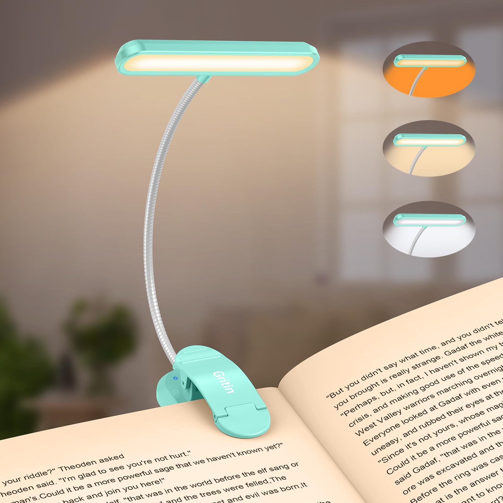 Gritin Rechargeable Book Light for Reading in Bed with 19 LED &Memory Function-Eye Caring 3 Color Temperatures,5 Brightness Levels,80Hrs Runtime Flexible Goose Neck Clip on Book Light-Blue