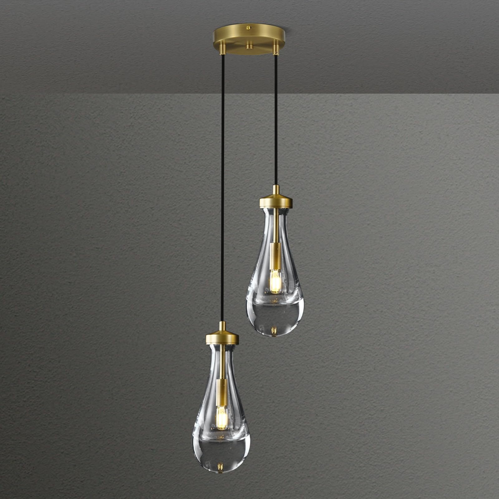 Joyunleo Brass Raindrop Pendant Lights Kitchen Island 2-Light  Cluster Gold Pendant Light Fixture For Bedroom  Dimmable Dining Room Light Fixture Hanging Pendant Lighting Ceiling Chandelier For Foyer