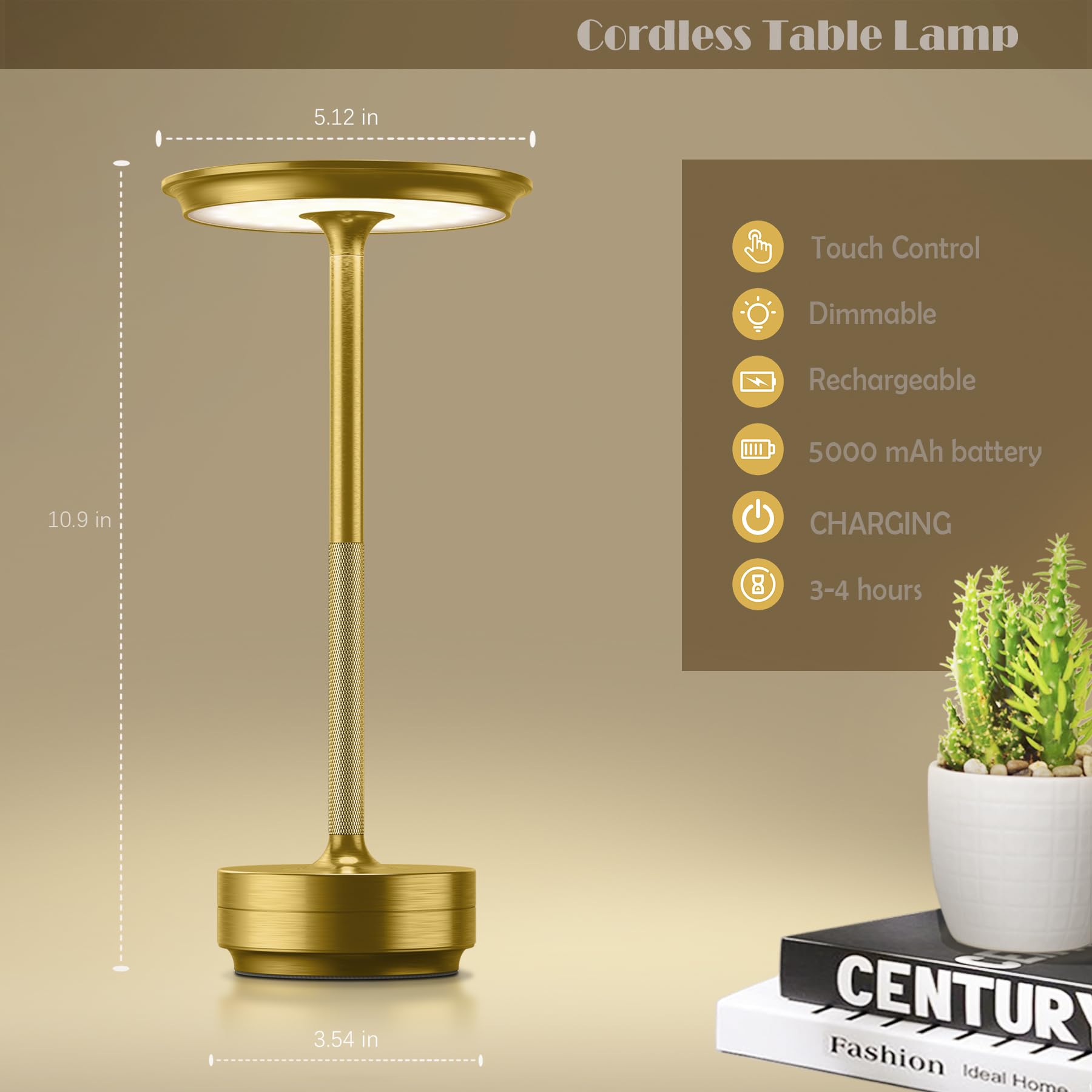 Fdidc Led Rechargeable Cordless Table Lamp, Battery Operated Stepless Dimming Modern Portable Outdoor Table Light For Dining Res
