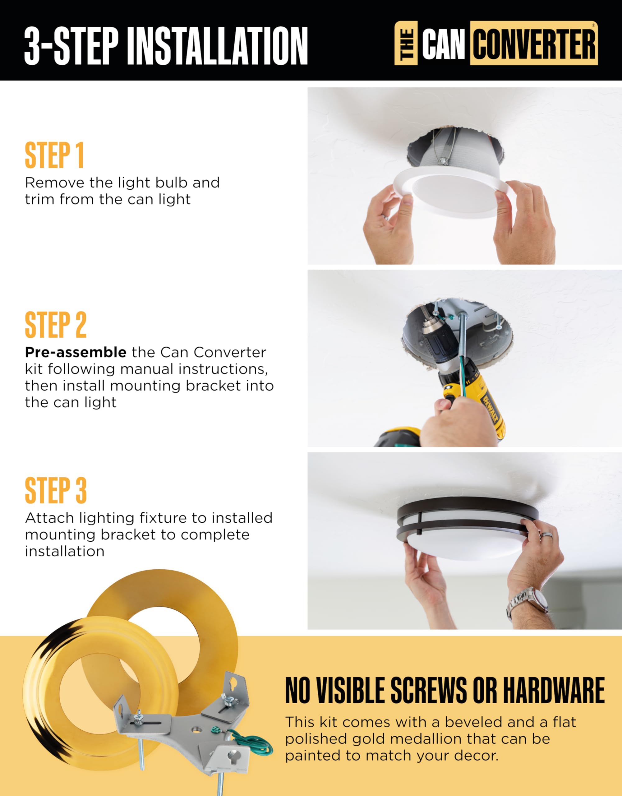 The Can Converter R56WHTFB Recessed Can Light Conversion Kit, Polished Gold Medallion, for Ceiling Fixtures and Fans