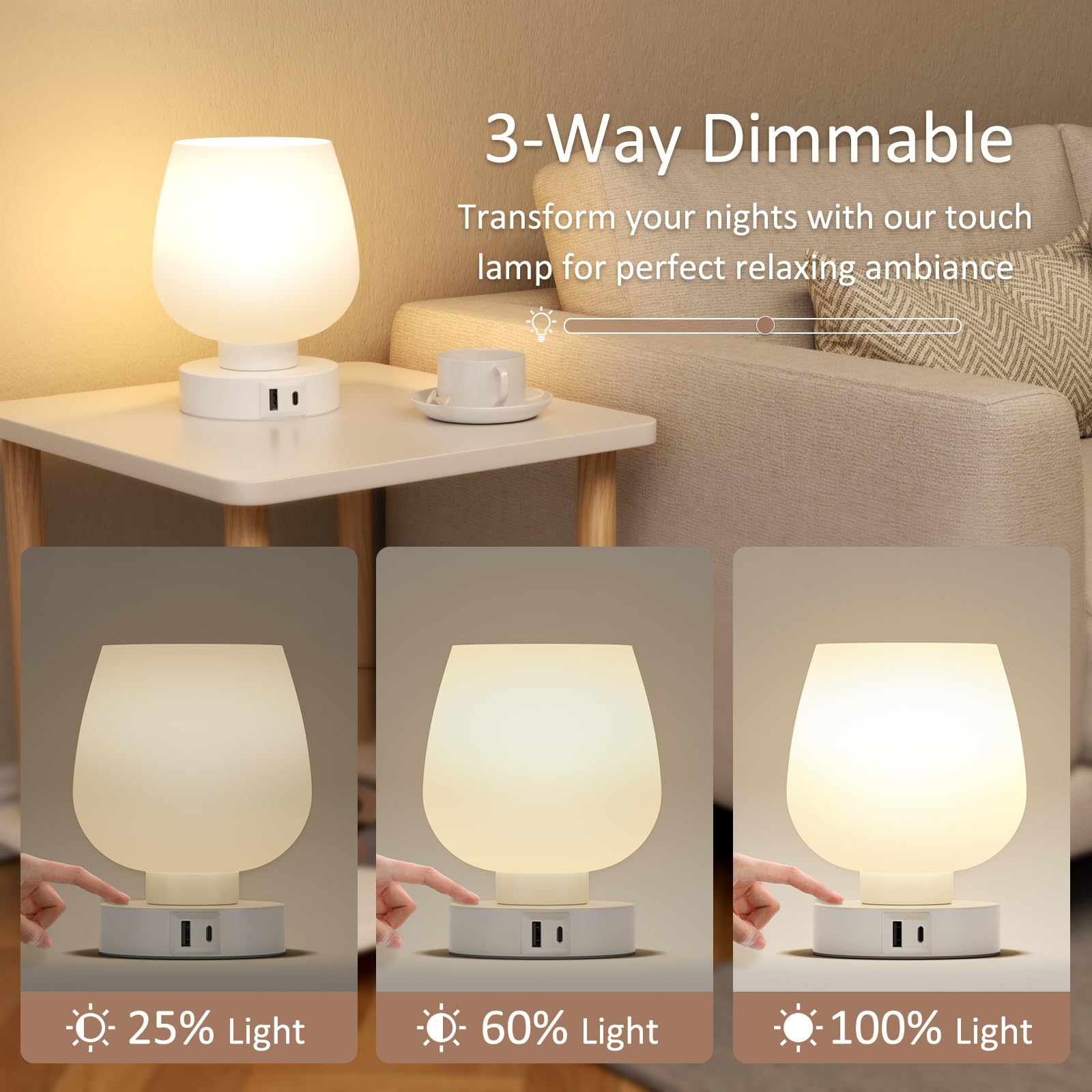 Touch Table Lamp For Nightstand - Bedside Lamp With Usb C+A Charging Ports For Bedroom Living Room Night Stands, Desk Lamp With