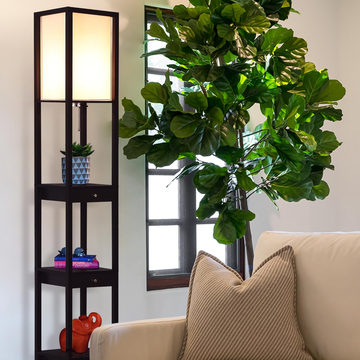 Brightech Maxwell Drawer Edition Floor Lamp - Modern Shelf Design for Living Room, Bedroom, Office - Classic Black