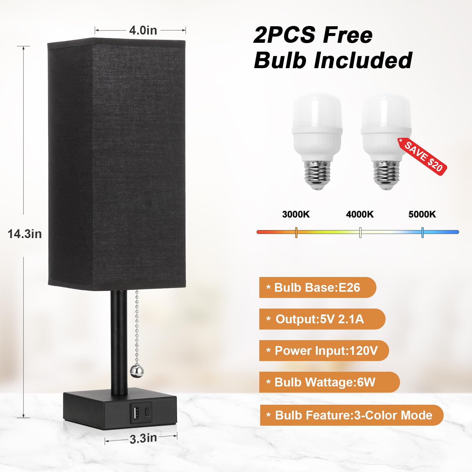 Bedside Table Lamps Set Of 2 - Black Bedroom Lamps With 3 Color Temperatures (3000K/5000K/4000K), Two Square Nightstand Lamps Wi