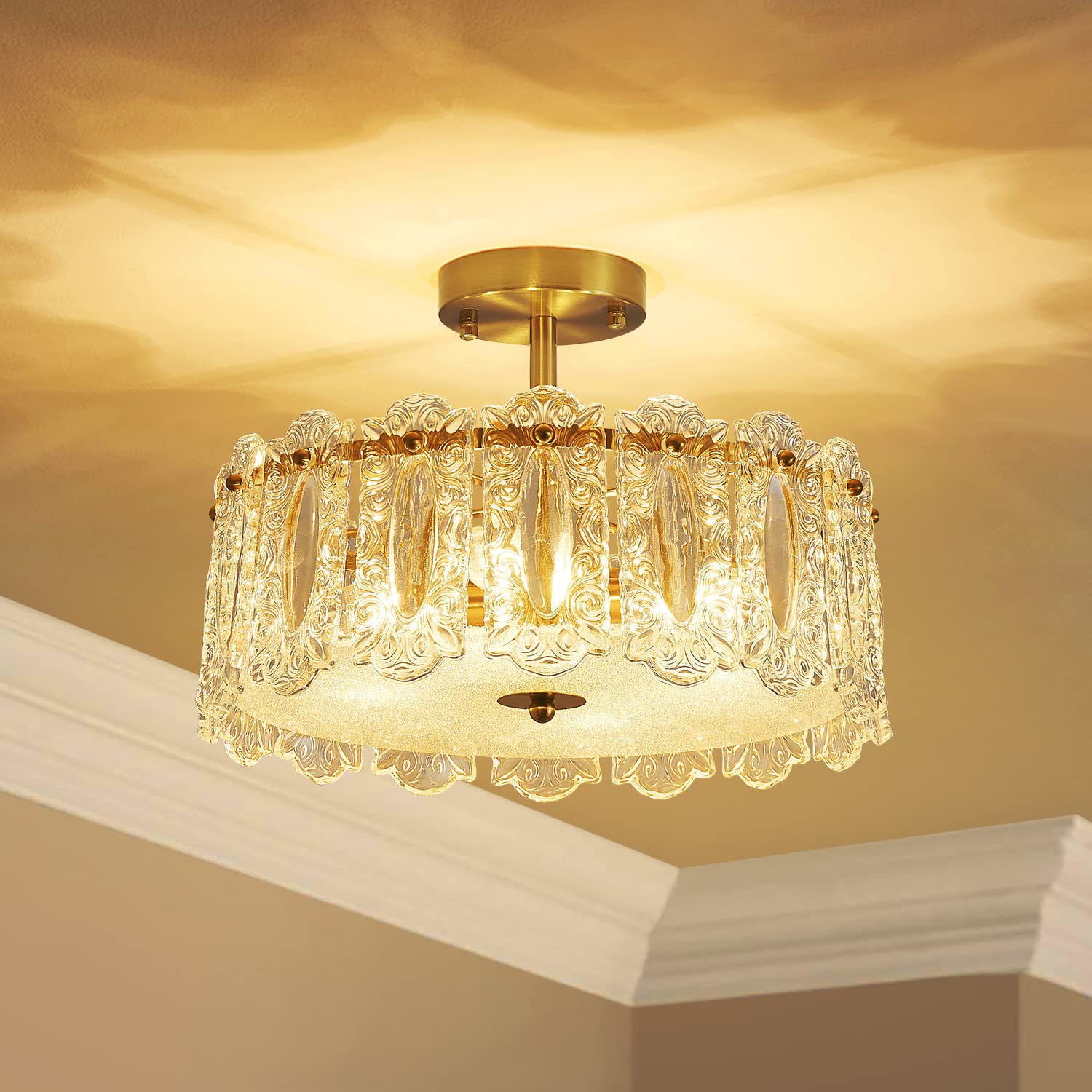 Agv Lighting Cl038 Crystal Ceiling Light Fixture, Modern Semi Flush Ceiling Light, D14.6 X H9.5, E12 Base 4-Lights, Gold Finish