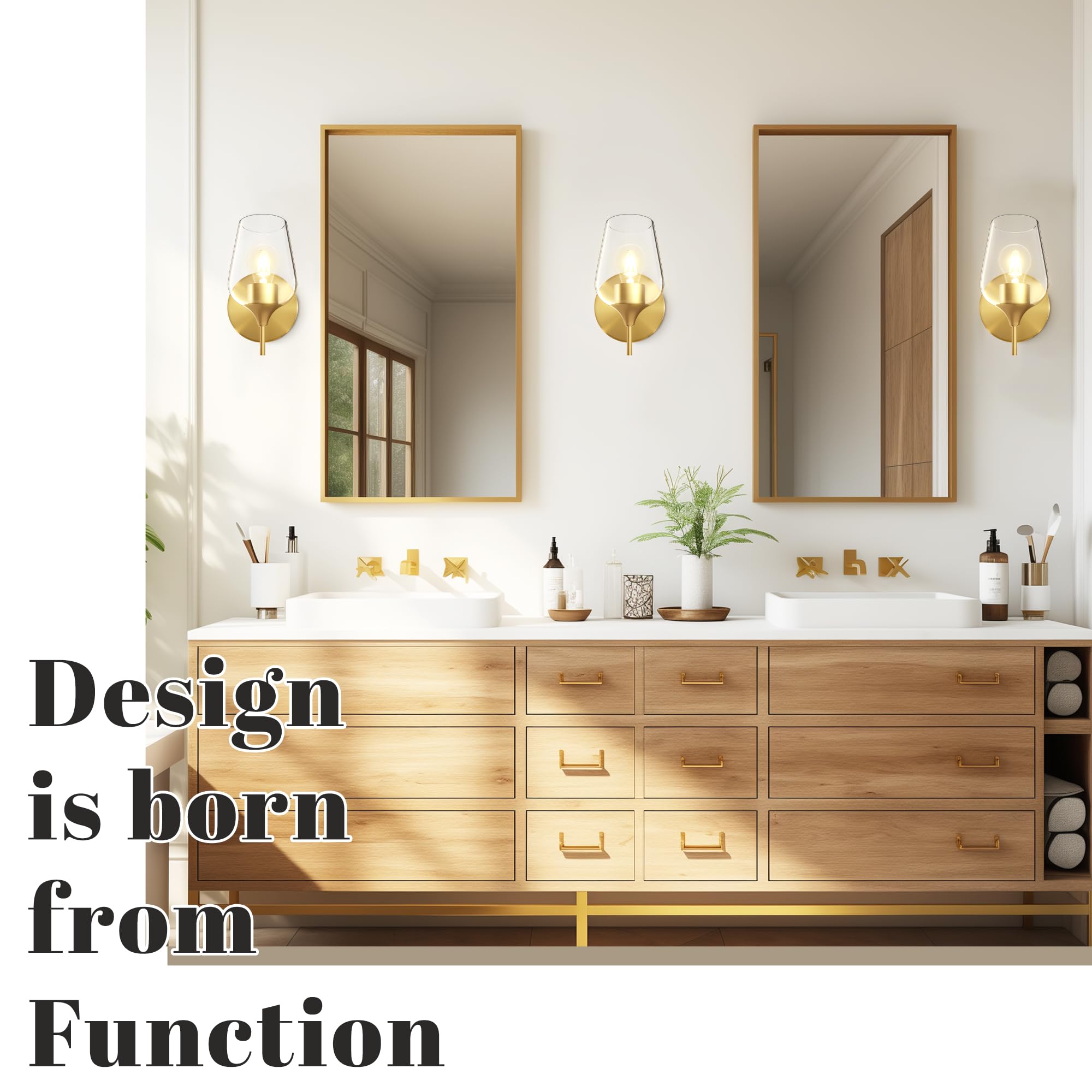 Hamilyeah Gold Wall Sconces Set of 2, Modern Vintage Brass Lighting with Clear Champagne Glass Shade for Bathroom, Bedroom, Kitchen