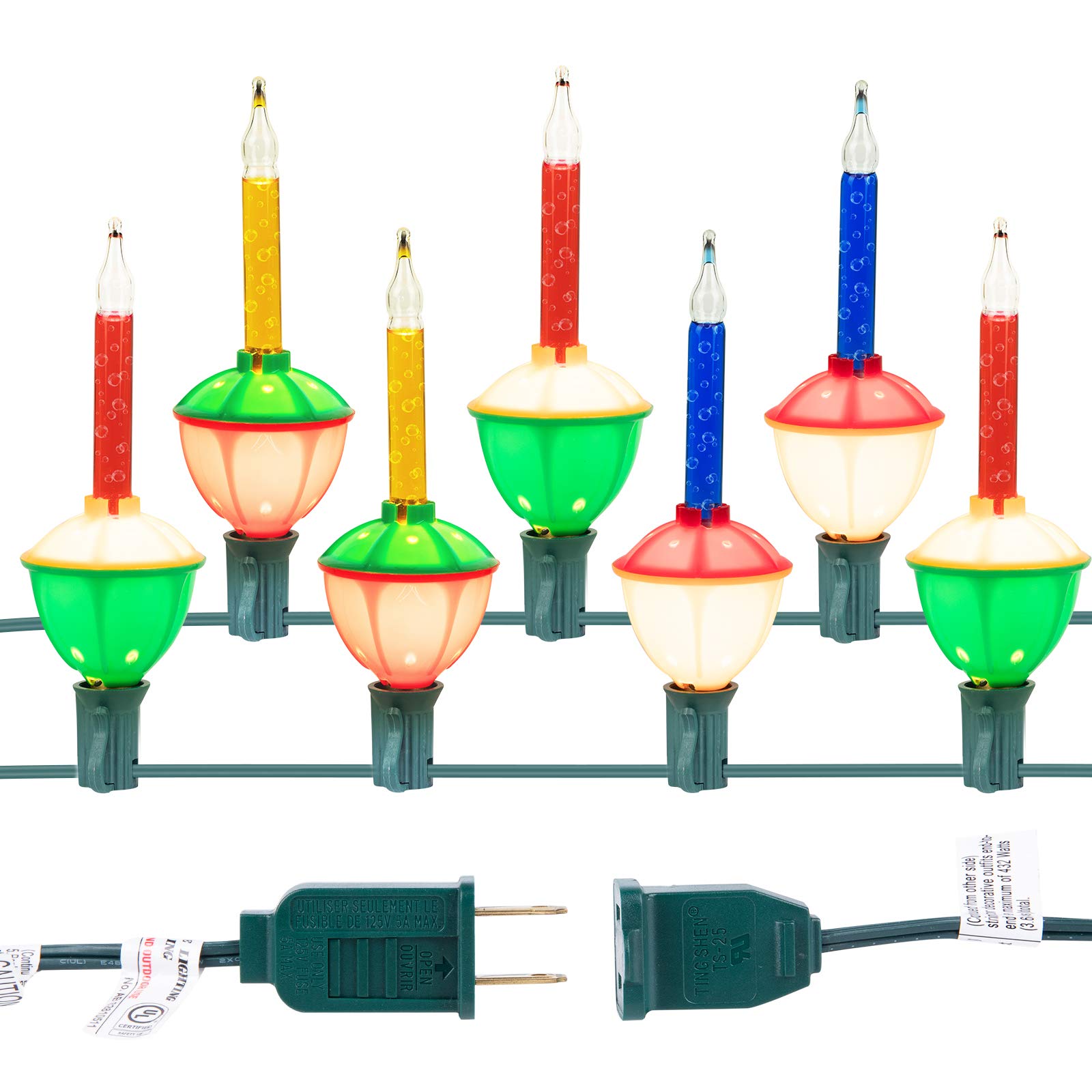 Brightown Multicolor Christmas Bubble Lights, 7 Clear Bulbs, UL Listed, Green Wire, Holiday Lighting