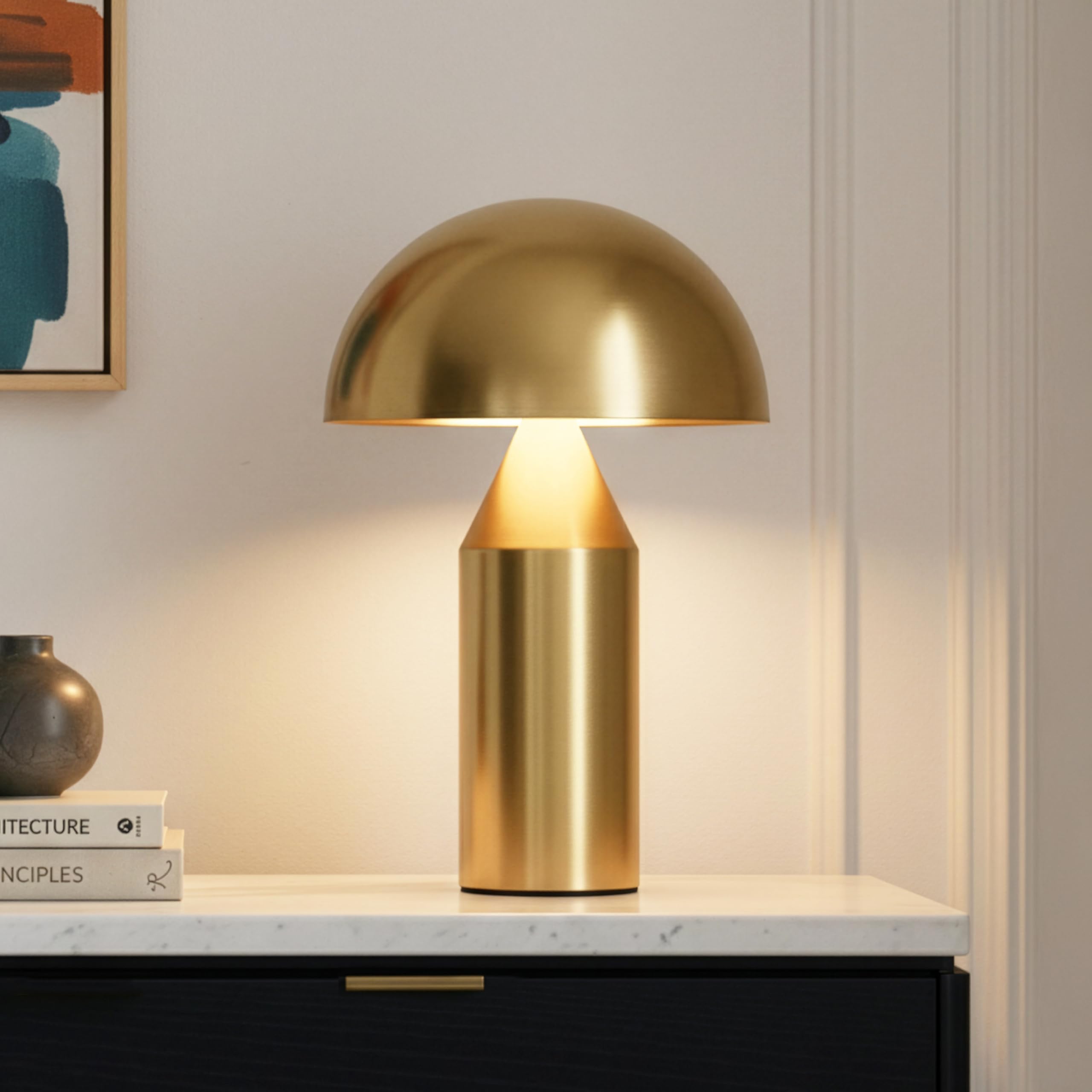 Brightech Venus Mushroom Table Lamp - Modern Lamp for Living Room  Bedroom Side/End Table - Dimmable  Unique Side Table LED Lamp Shade for Office  Reading - Brass/Gold  14 Tall