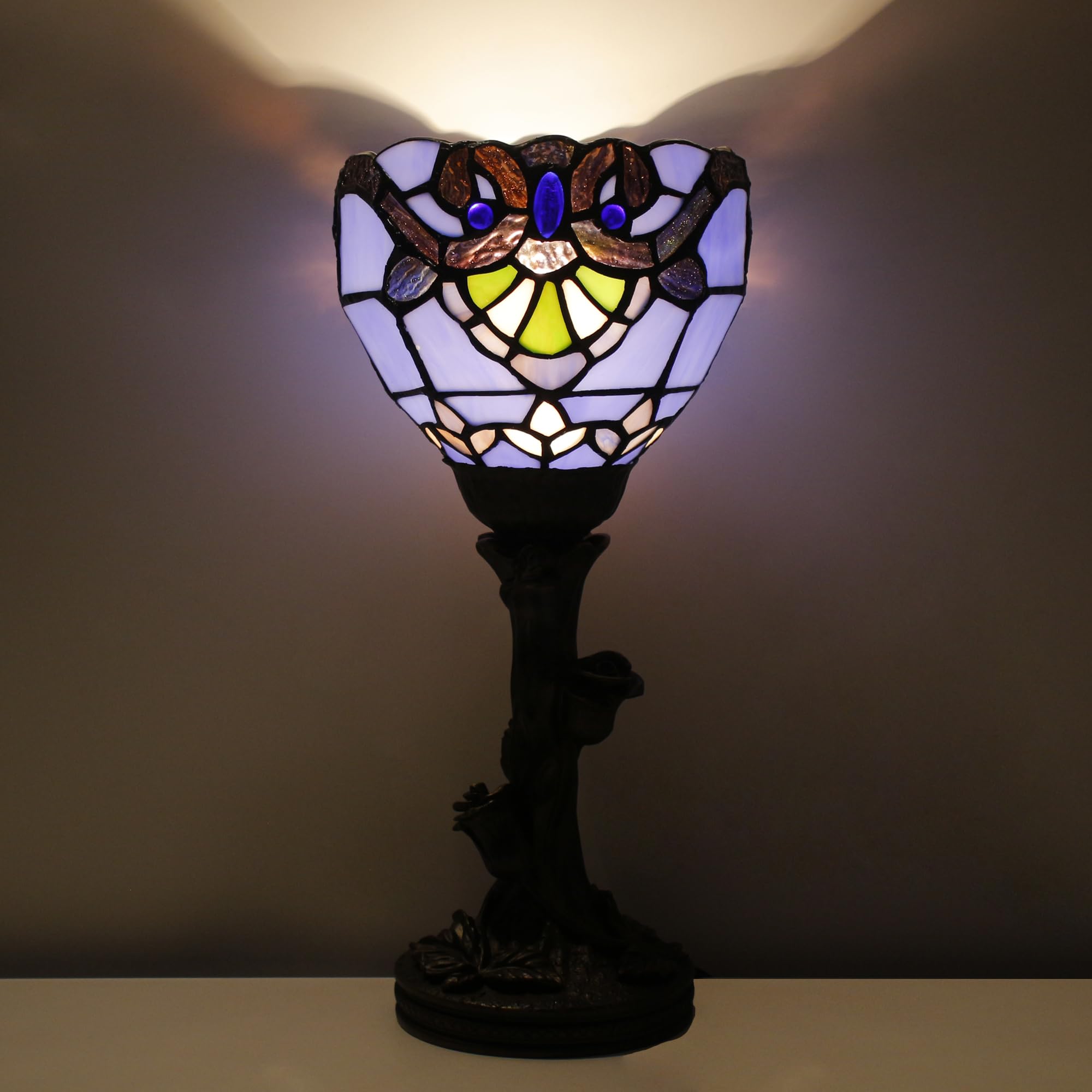 Avivadirect Small Tiffany Lamp Stained Glass Table Lamp Desk Uplight 6X6X13.5 Inch For Bedroom Bedside Office (Blue Baroque)