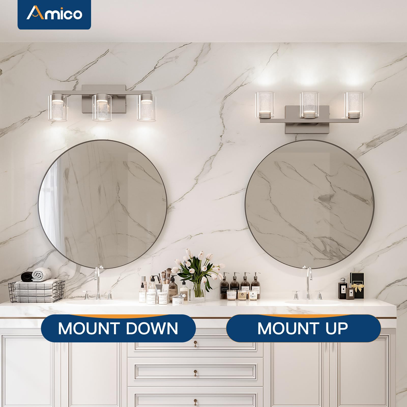 Amico Bathroom Vanity Lights, 3 Lights Brushed Nickel Bathroom Lighs With 3 Color Modes (3000K/4000K/6000K) Adjustable And Eye P