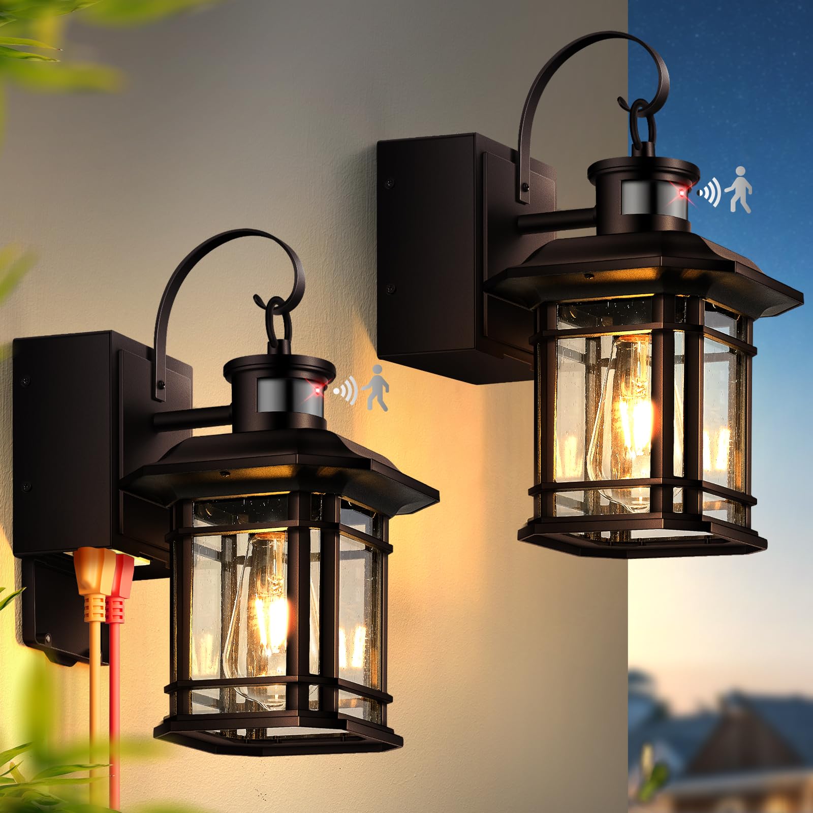 OPAXIS 2 Pack Porch Light with GFCI Outlet  Distance and Time Adjustable Motion Sensor Outdoor Wall Lights  Bronze Outside Sconce Lights for House Garden Patio Garage  Waterproof