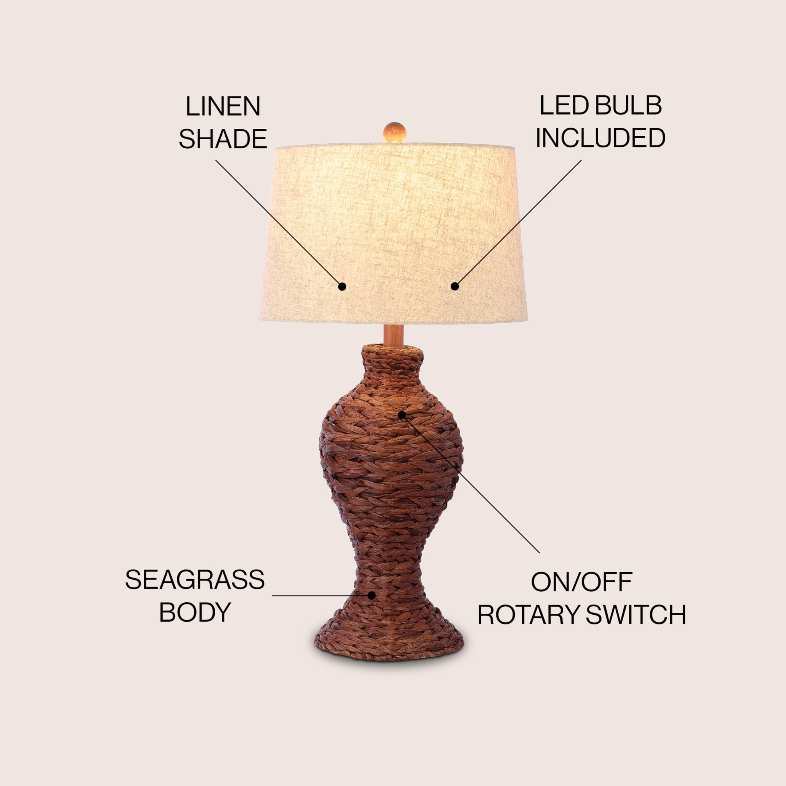 Jonathan Y Jyl1015B Elicia 31'' Coastal Cottage Water Hyacinth Weave Led Table Lamp For Bedroom, Living Room, Office, Dark Brown