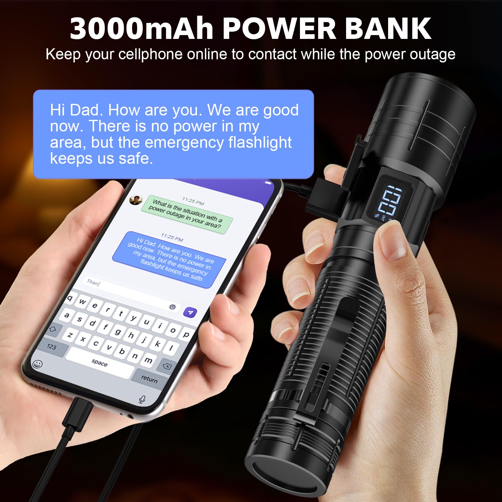 Adamstar Tactical High Lumens Flashlights, Led Rechargeable 20000Lm Super Bright Flash Light With Power Display Waterproof Small