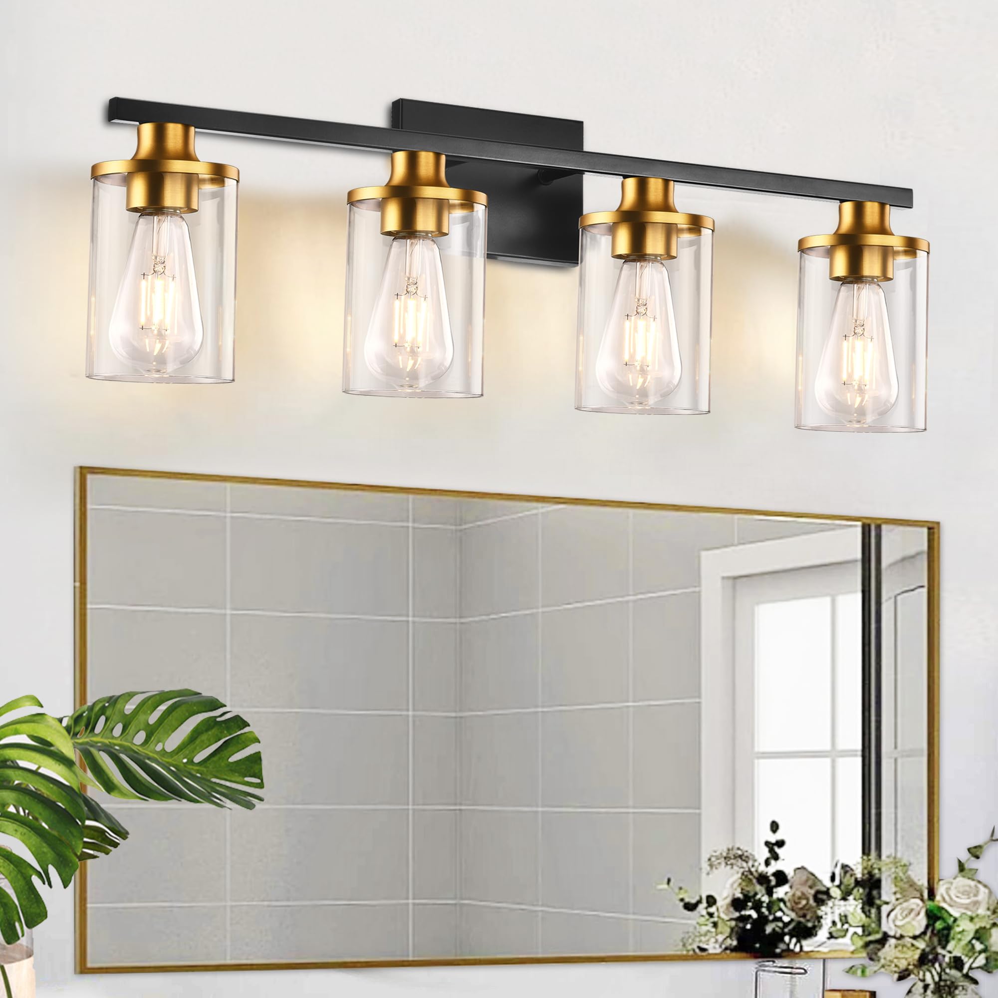 Grower 4 Lights Bathroom Light Fixtures, Black And Gold Bathroom Vanity Lights Over Mirror, Wall Sconces With Clear Glass Shade, Brushed Nickel Vanity Light Fixture For Bedroom Hallway Porch