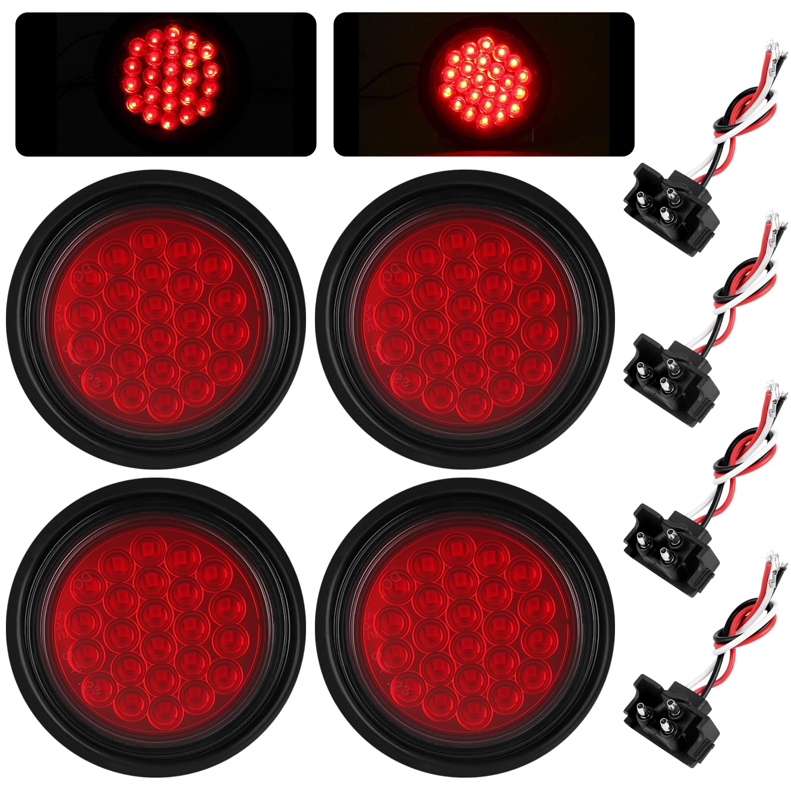 Ronybuy 4Pcs 4 Inch Round Led Trailer Tail Lights  24 LED Red Trailer Lights  4 Stop Turn Brake Led Tail Lights Waterproof Sealed w/Grommets 3-Prong Wire Pigtails for Truck RV Boat UTE UTV 12V
