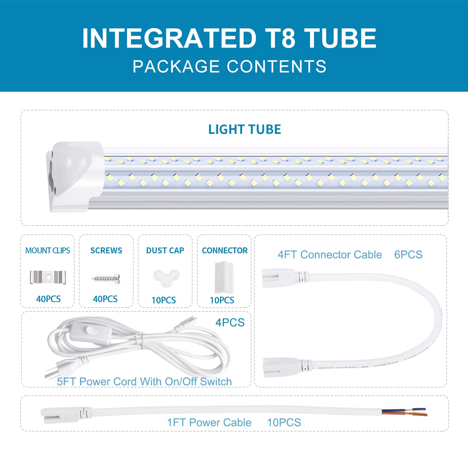 Ligheart 8Ft Led Shop Light (10-Pack) - 120W Linkable Fixture, T8 Integrated Tube, V-Shaped 270 Beam - 6000K Daylight, Clear Len