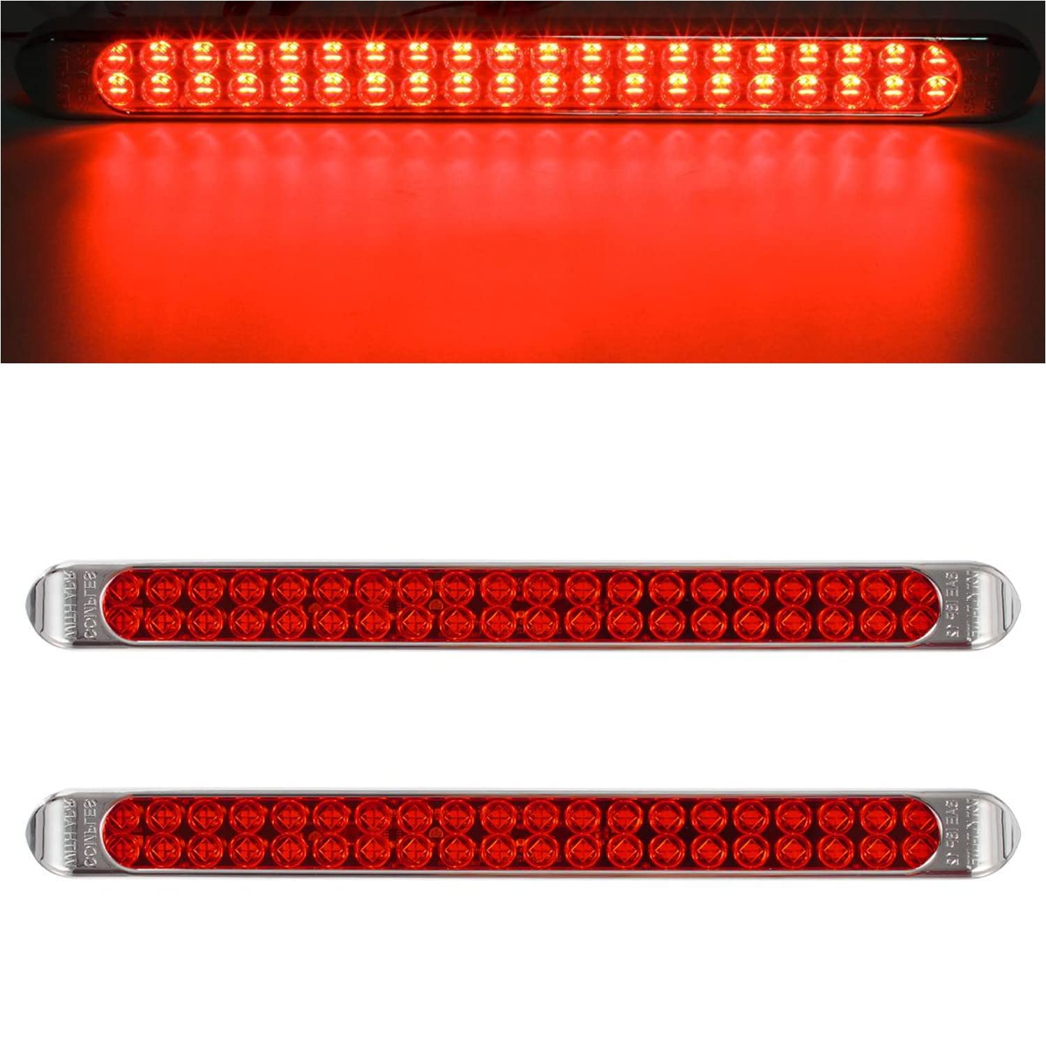 Partsam Waterproof 17 Inch High Power 40 LED Red Utility Trailer Truck RV Stop Tail Turn 3rd Brake Marker Identification Light Bar w/Chrome Bezel DOT Compliant (Pack of 2)