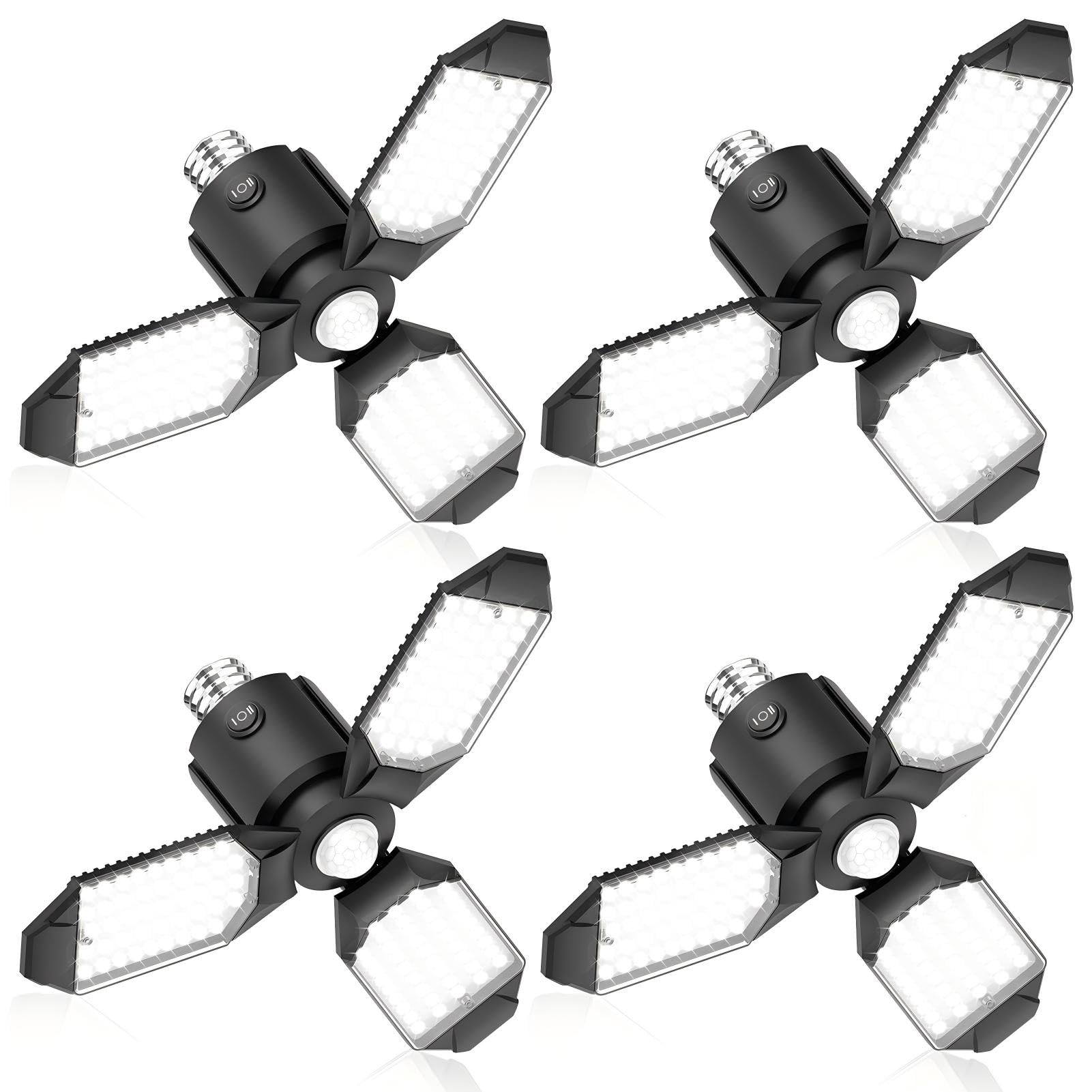 toberich Motion Sensor Garage Lights 4 Pack  8000LM Motion Sensor Shop Light w/ 3 Switch Modes  6500K Indoor Motion Activated Light Bulb for Garage  Workshop  Utility Room  Basement