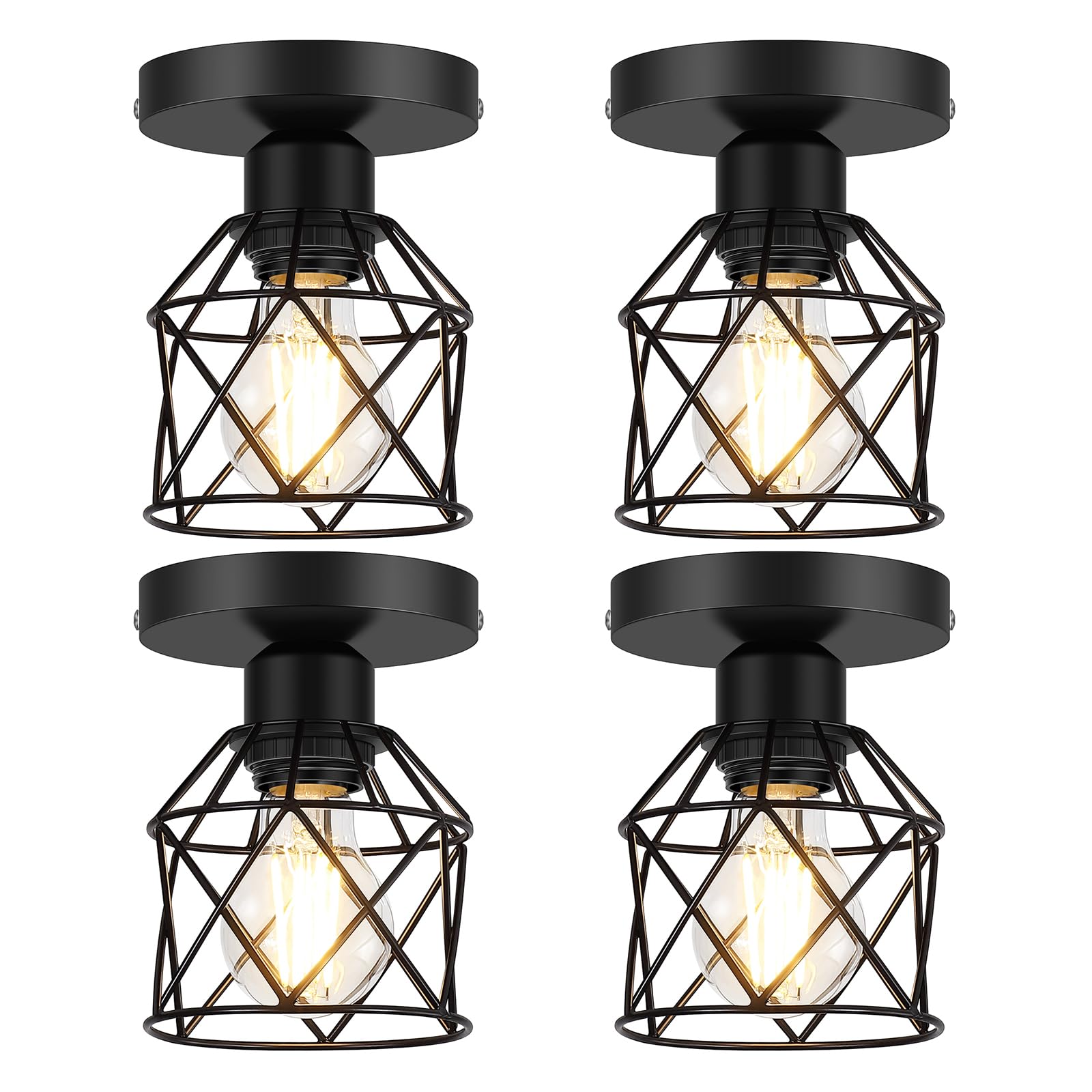 FadimiKoo Ceiling Light Fixture - 4-Pack Semi Flush Mount, Metal Cage Design, Black, E26 Base, Ideal for Kitchen and Hallway