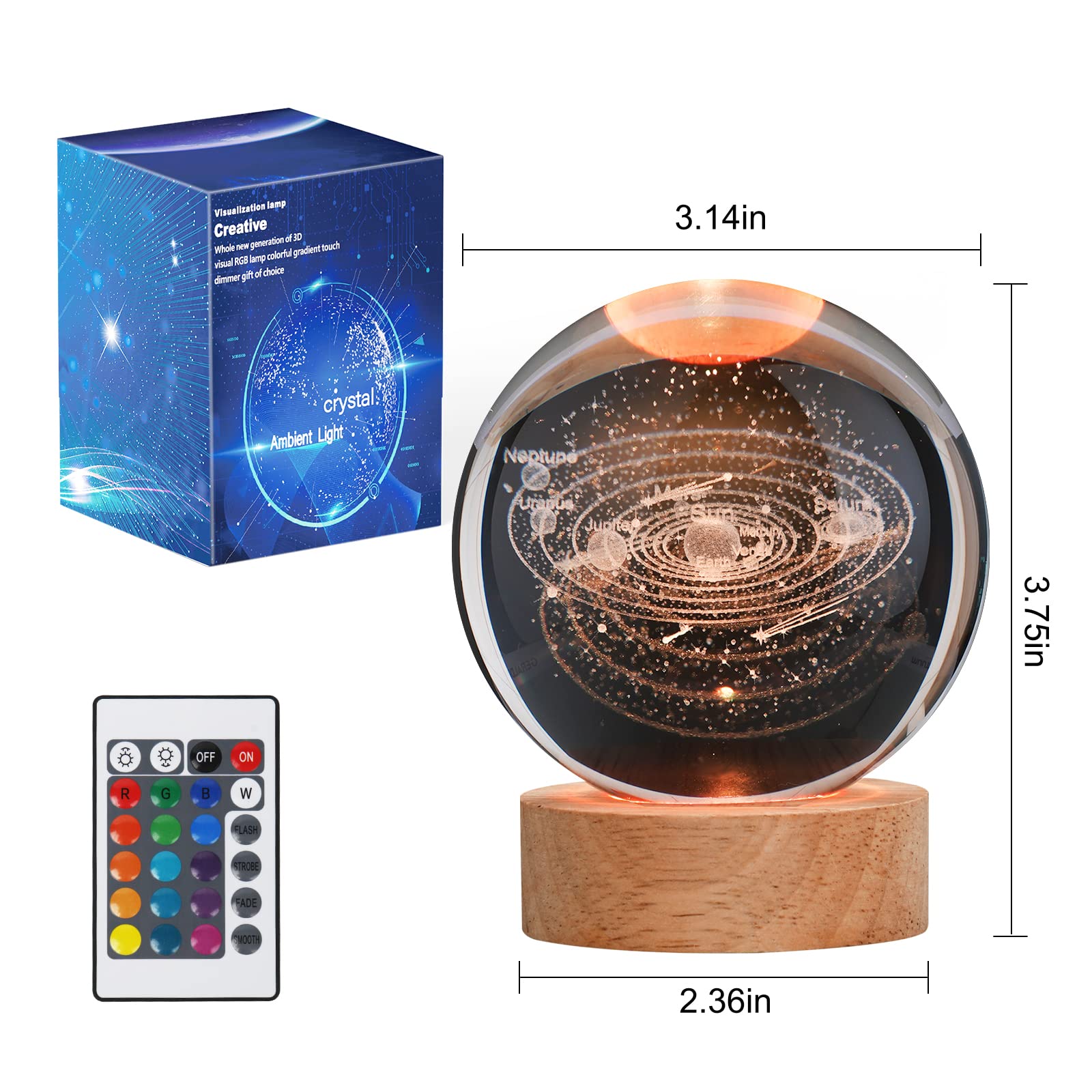 Janarary Large 3D Solar System Crystal Ball, Crystal Lamp 16 Color Changing Night Light With Remote Control For Bedroom Decor, I