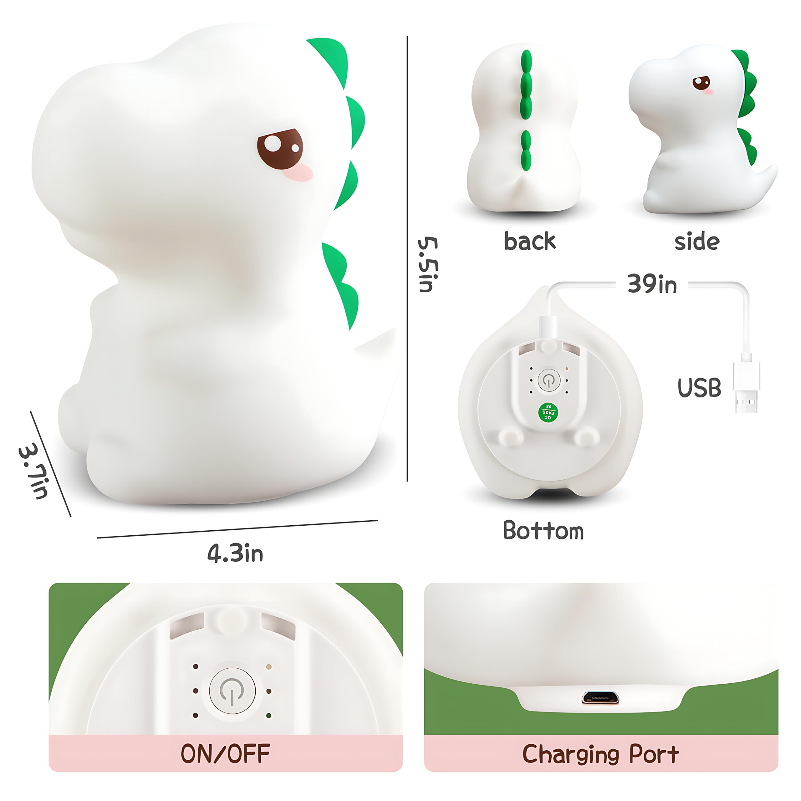 Pokanic Kids LED Night Light - Rechargeable Portable Silicone Lamp, Multi Color Dinosaur Decor for Bedroom and Living Room