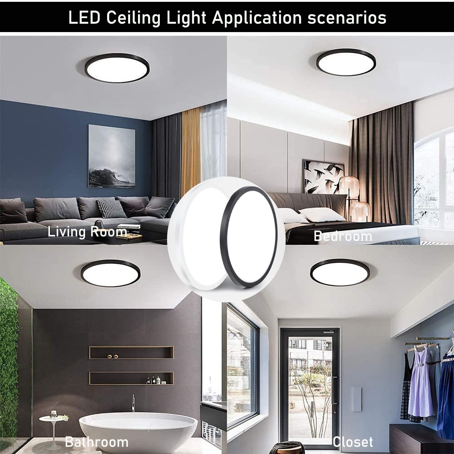 Superyofo 9 Inch Flush Mount Led Ceiling Light, 24W Slim Fixture, Black-4Pack, Day White 6000K, 250W Equivalent