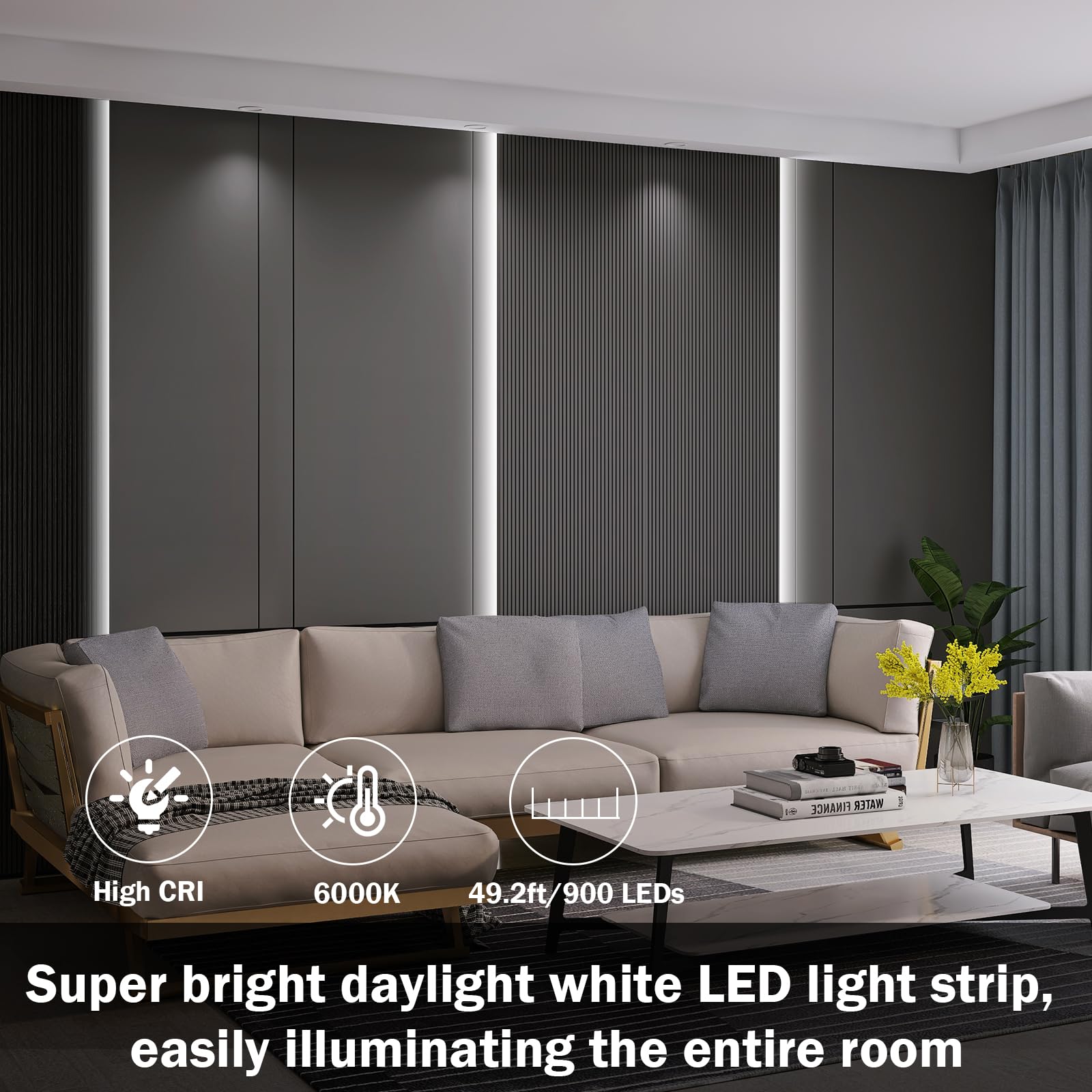 NEWREACH USB LED Light Strip 49.2ft, Daylight White, Cuttable, Plastic, Battery Box (Batteries Not Included)