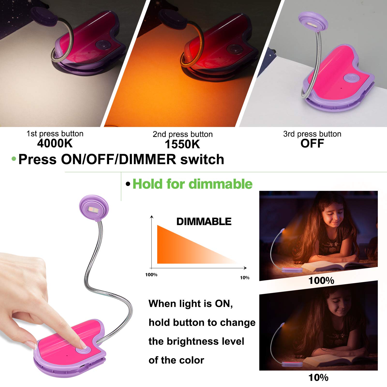 Hongut Amber Reading Light Rechargeable, Book Light Kids For Reading In Bed, Clip On Reading Book Light, 2 Lighting Modes, Blue