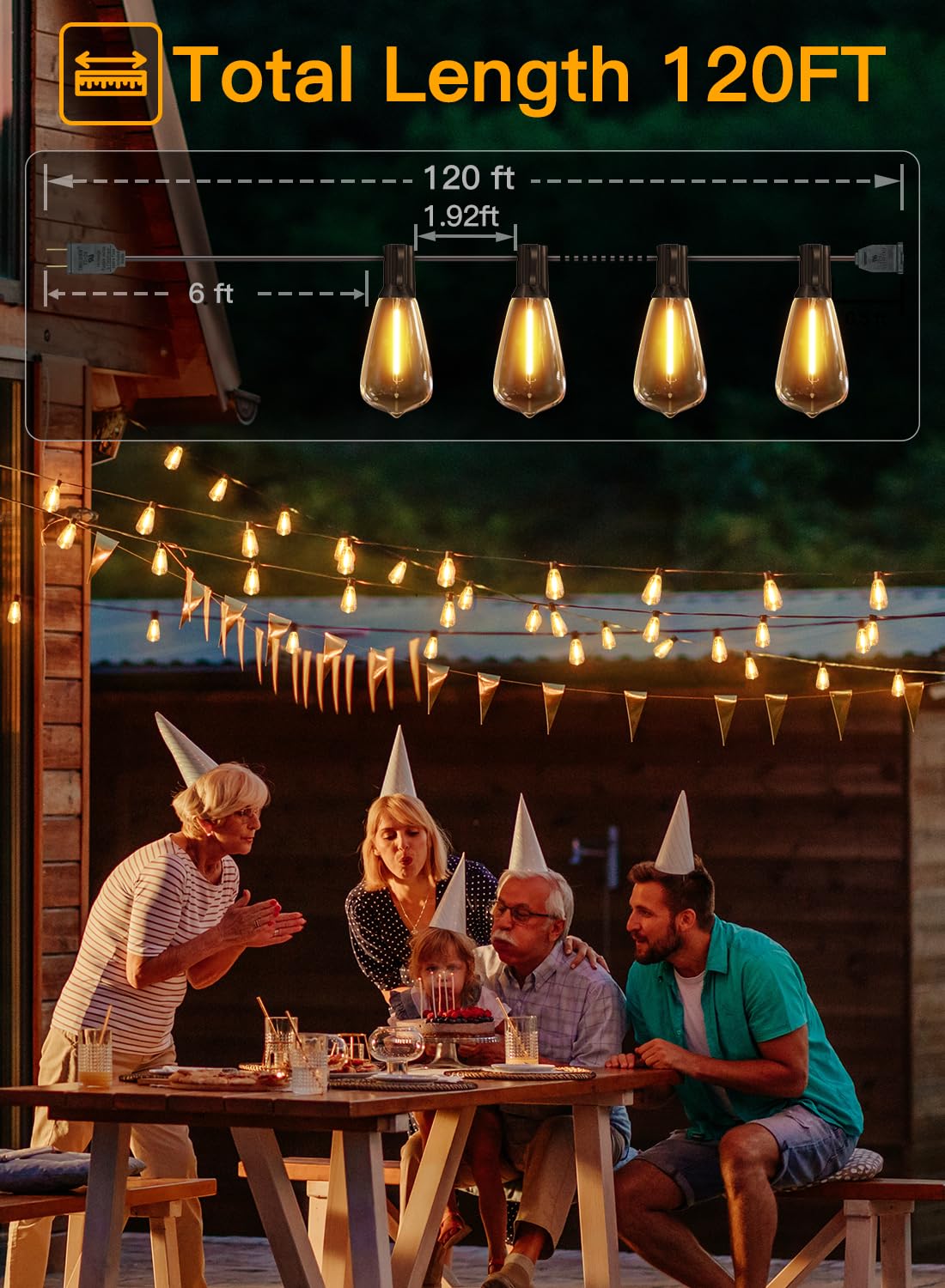 Ollny Outdoor String Lights 120Ft With 60+2 Spare St38 Vintage Bulbs, Shatterproof Connectable Patio Lights, 2200K Warm White Wa