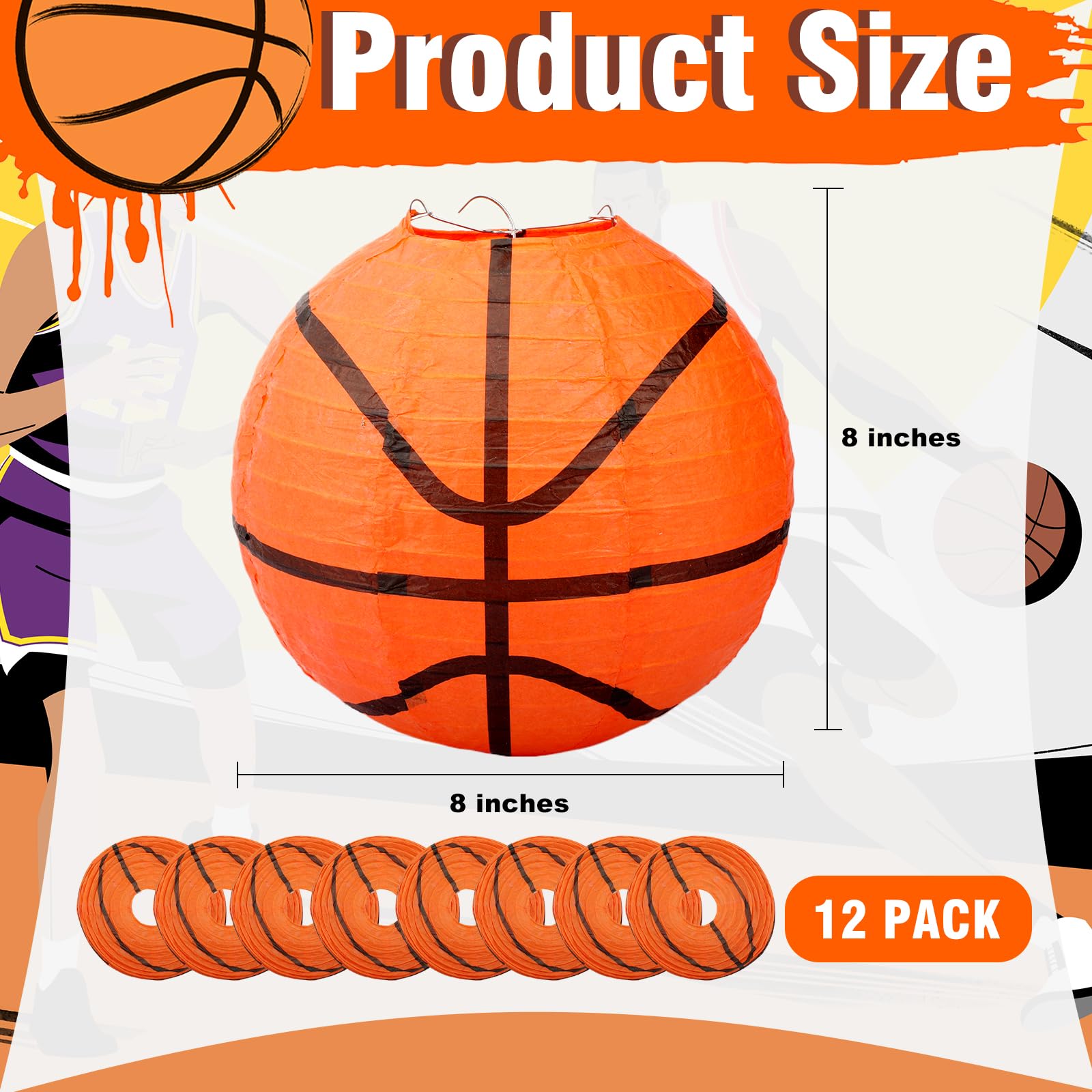 SAYAYA Basketball Paper Lanterns, 24 Pieces, 8 Inch, Orange Hanging Decor for Sports Parties, March Madness, Birthdays, Baby Showers