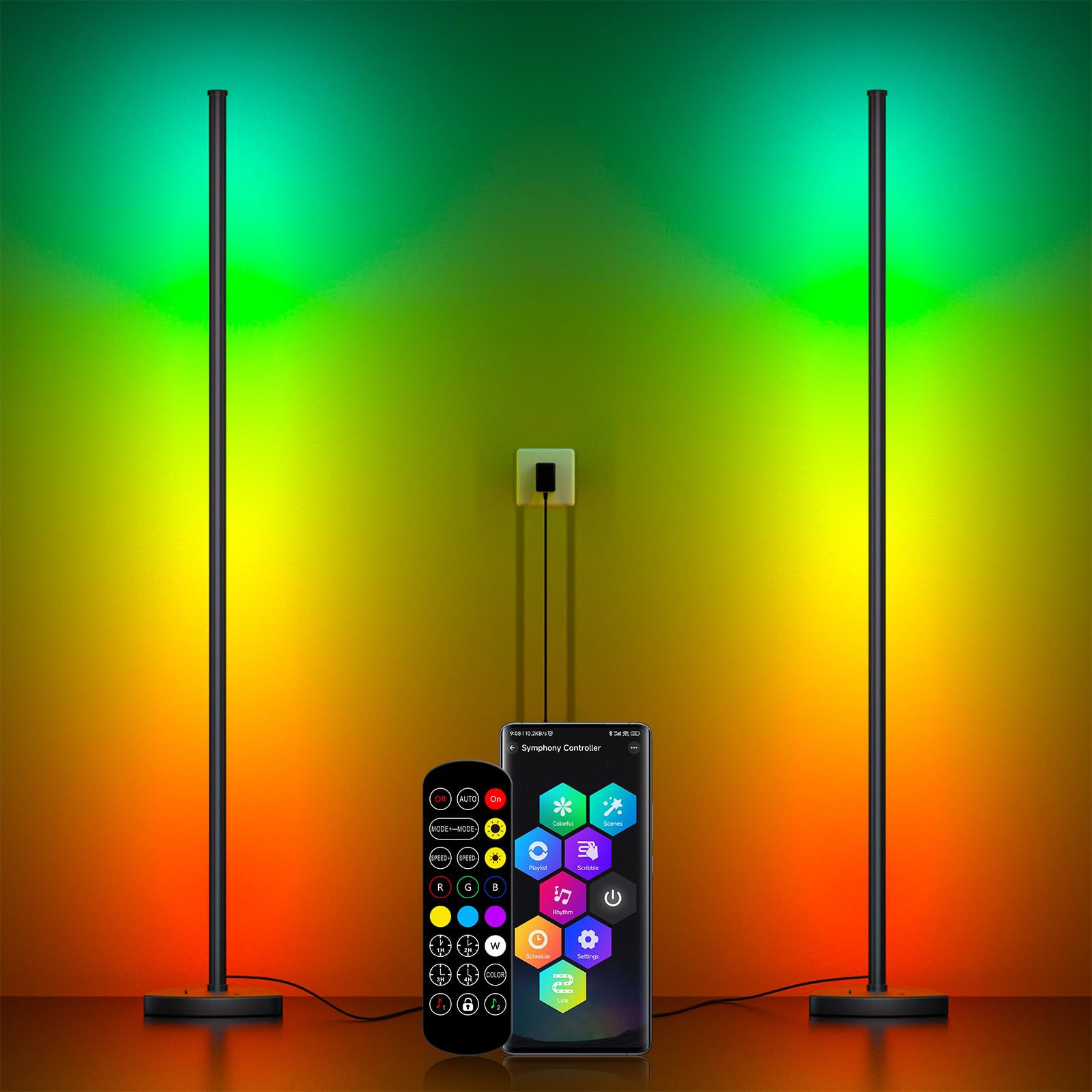 Eastfine RGB IC Corner Floor Lamp, Black Aluminum, 16 Million Colors, Remote Control, Model DX23012-02, 7.1in Triangle Base
