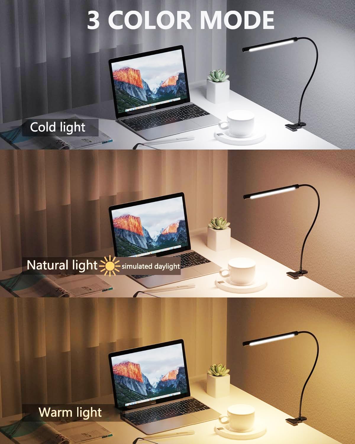 Jhd Led Desk Lamp With Clamp - Adjustable 3 Color Modes 10 Brightness Level Table Lamp, Usb Eye Caring Flexible Gooseneck Desk L