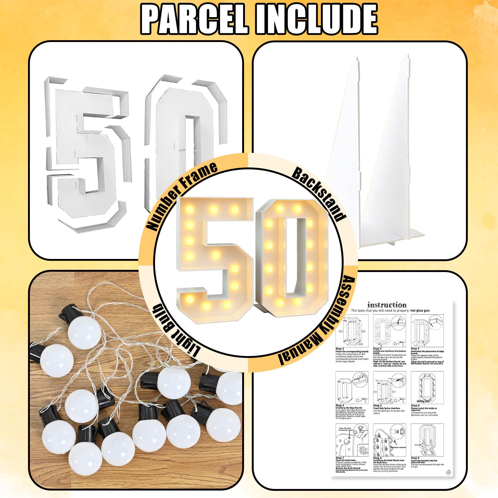 Paeyeq 4ft Light Up Number 50 Marquee Sign - White Cardboard with Bulbs for 50th Birthday Party Decorations
