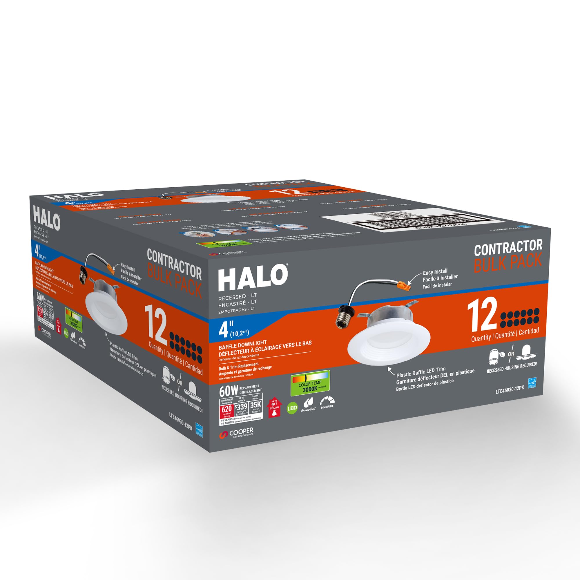 HALO LTE 4 Inch LED Recessed Lighting, 12 Pack, Dimmable, 3000K Bright White, 8W=65W, UL & FCC Certified, White