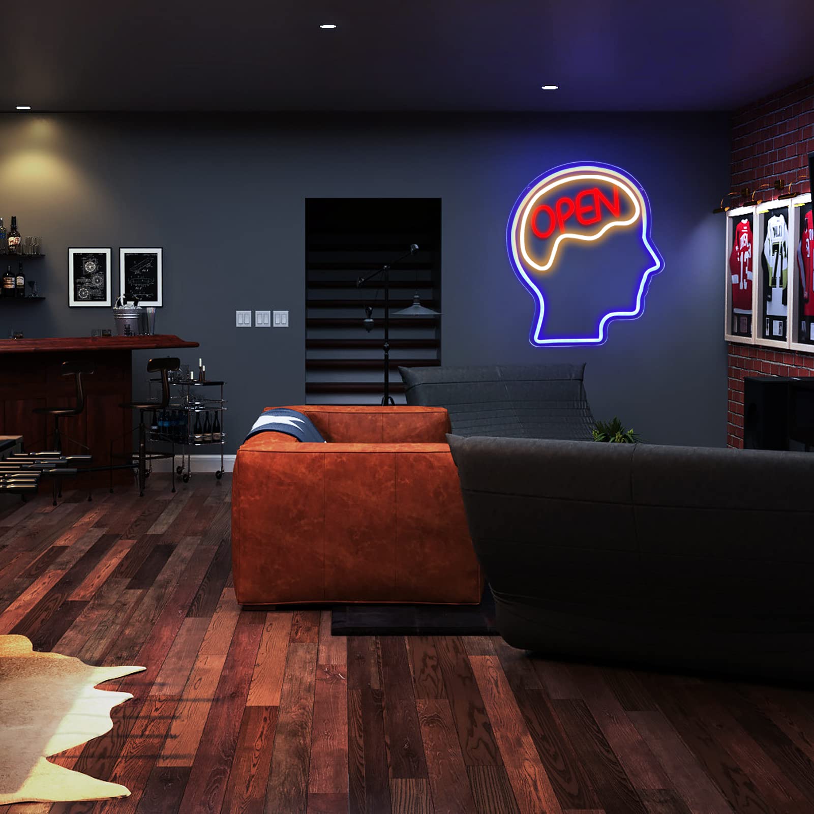 JFLLamp Neon Wall Decor Light - Open Mind Brain Design, 14.1in x 12.2in, Plastic, Blue+Warm White+Red, Model OPEN-001