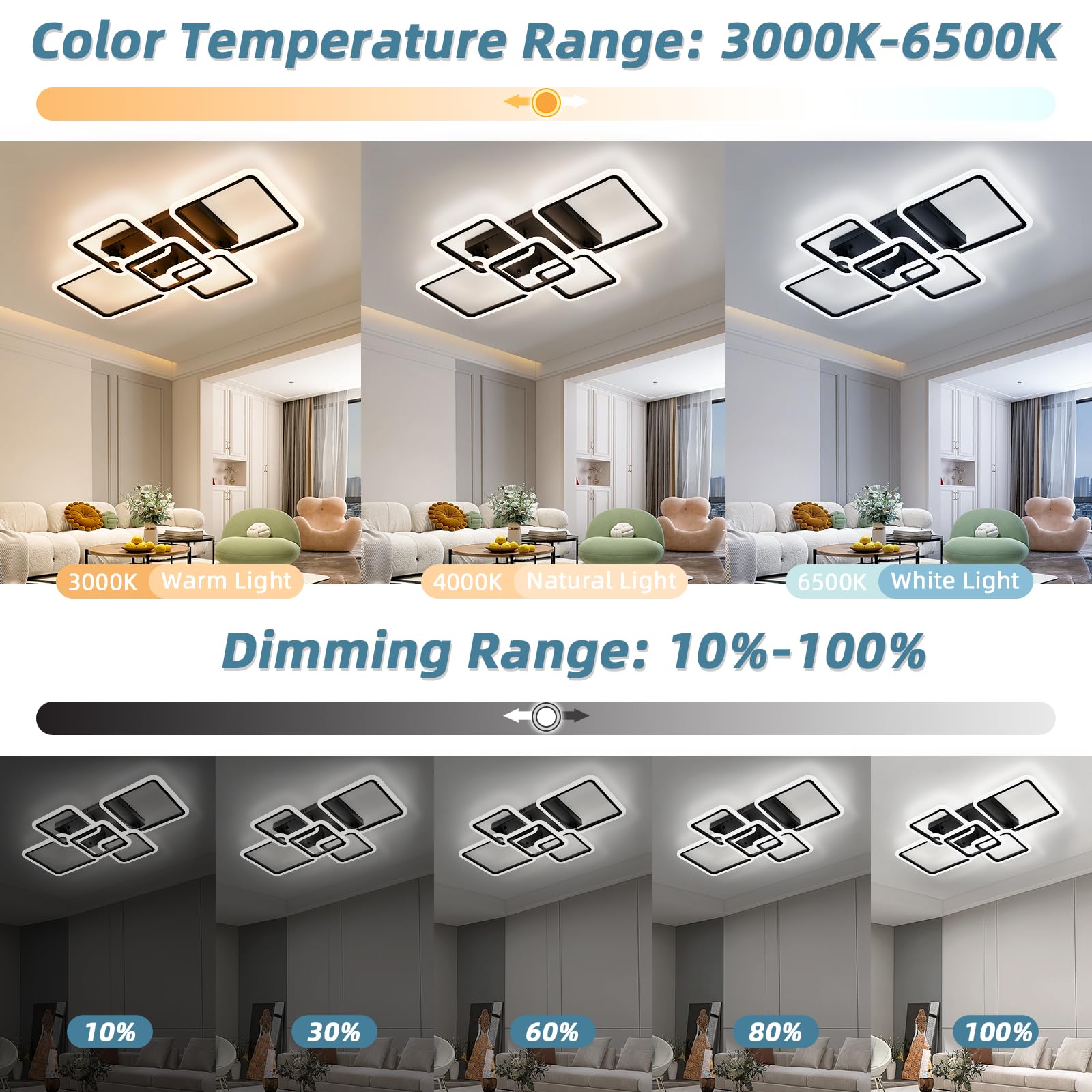 Seable Modern Led Ceiling Light 5-Square Dimmable Black Flush Mount Led Ceiling Light With Remote For Living Room