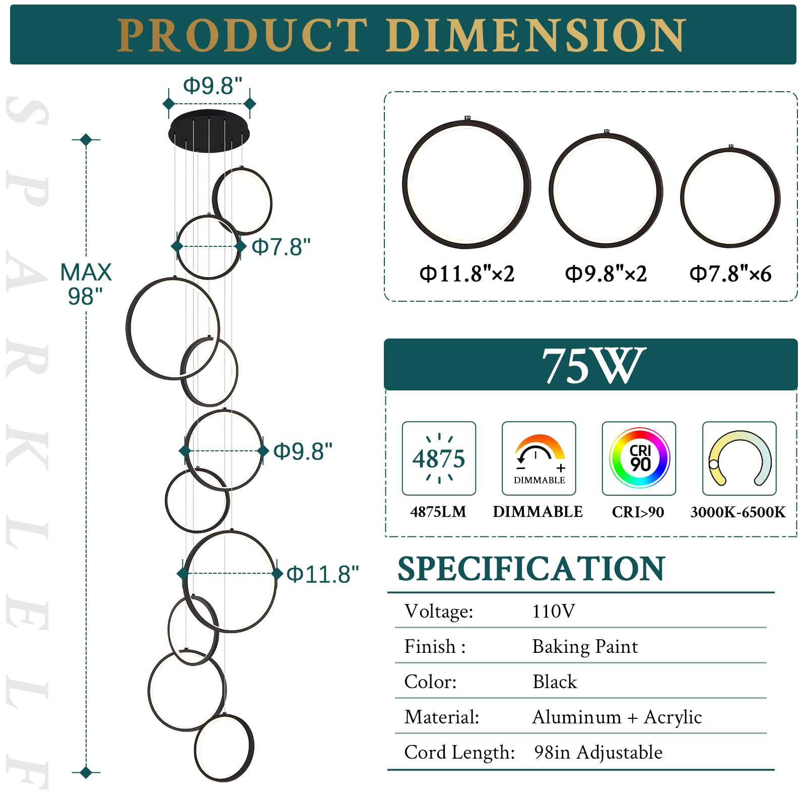 Sparklelf 10-Light Modern LED Chandelier, Dimmable Black Pendant Light for High Ceilings, Model SE-P66-10BDC1