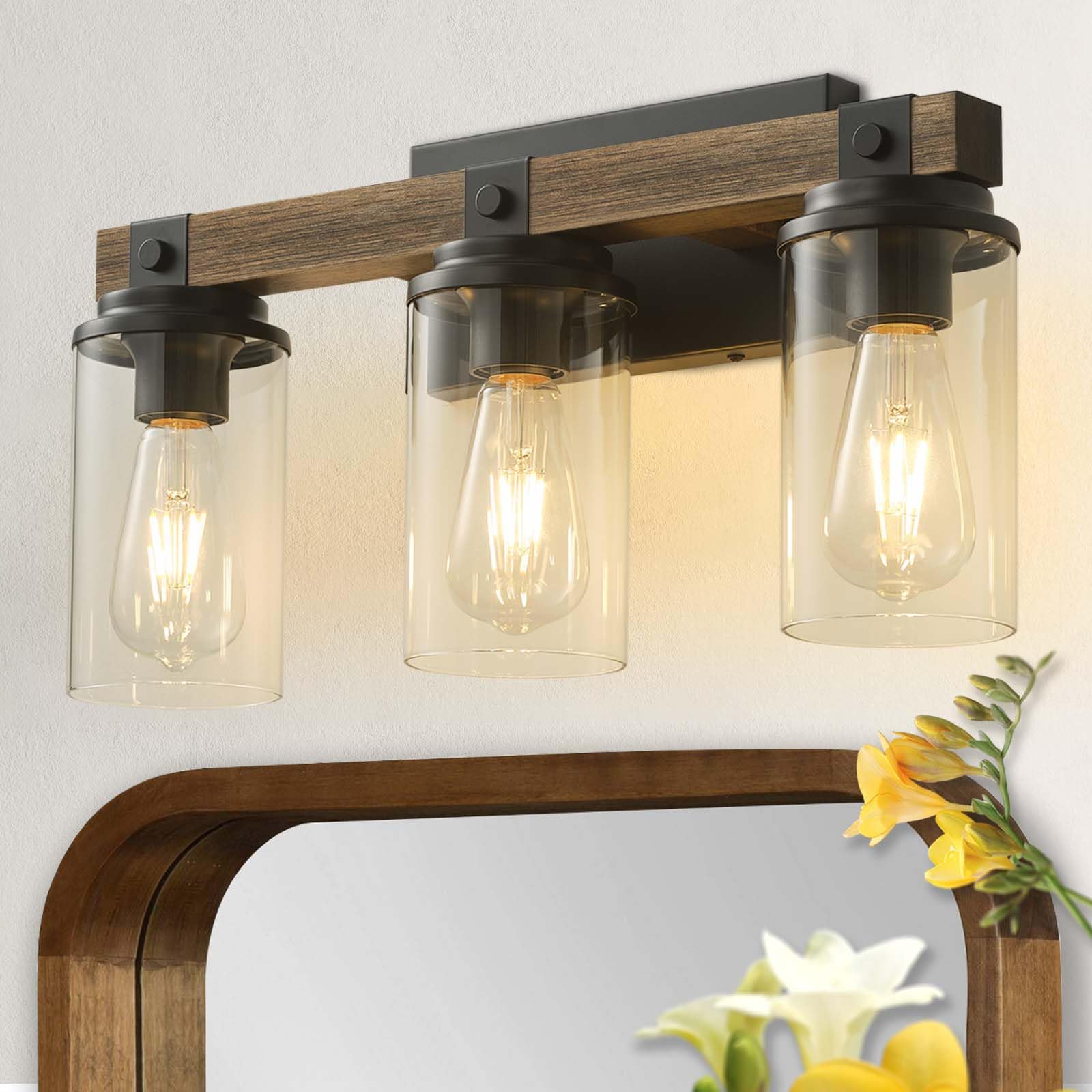 Goyeel 3-Light Bathroom Vanity Light, Rustic Wooden Farmhouse Sconces For Mirror, Matte Black