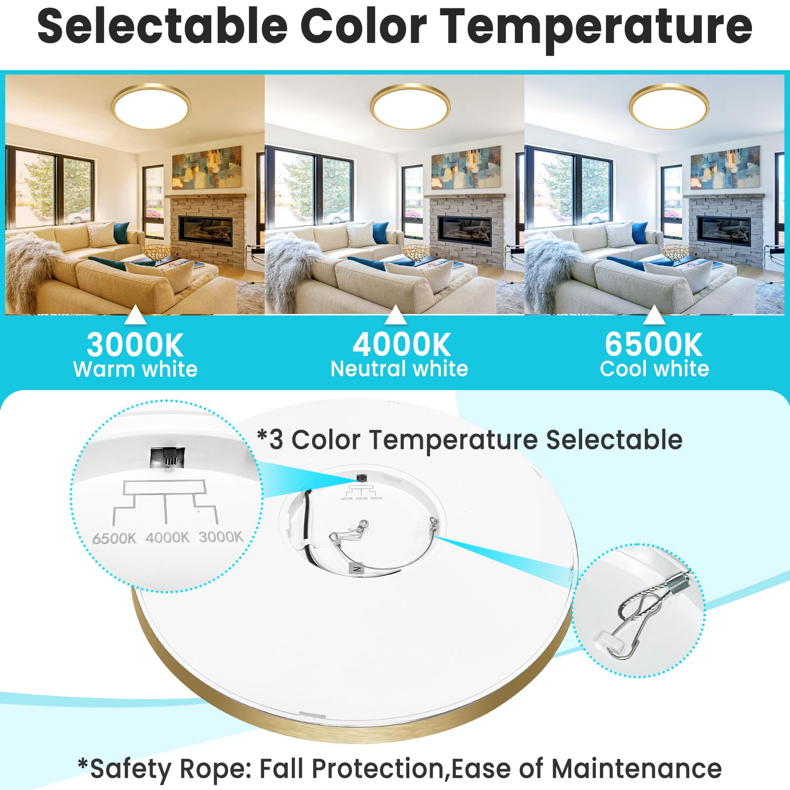 libtit 12 Inch LED Ceiling Light, 28W 3200lm, 3 Color Temperatures, Gold, Model CLS29A-2-GD, 2Pack