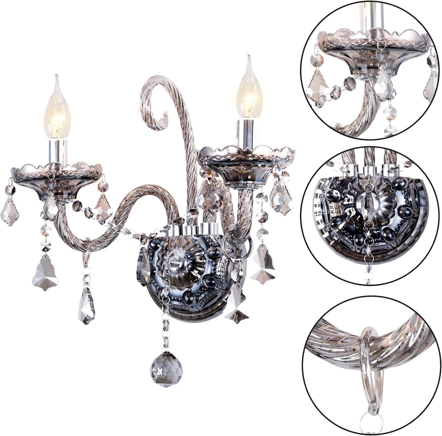 CRYSTOP Crystal Wall Sconces Lighting Set of 2, Gray, Metal, European Style, E12 Base, Perfect for Indoor/Outdoor Décor