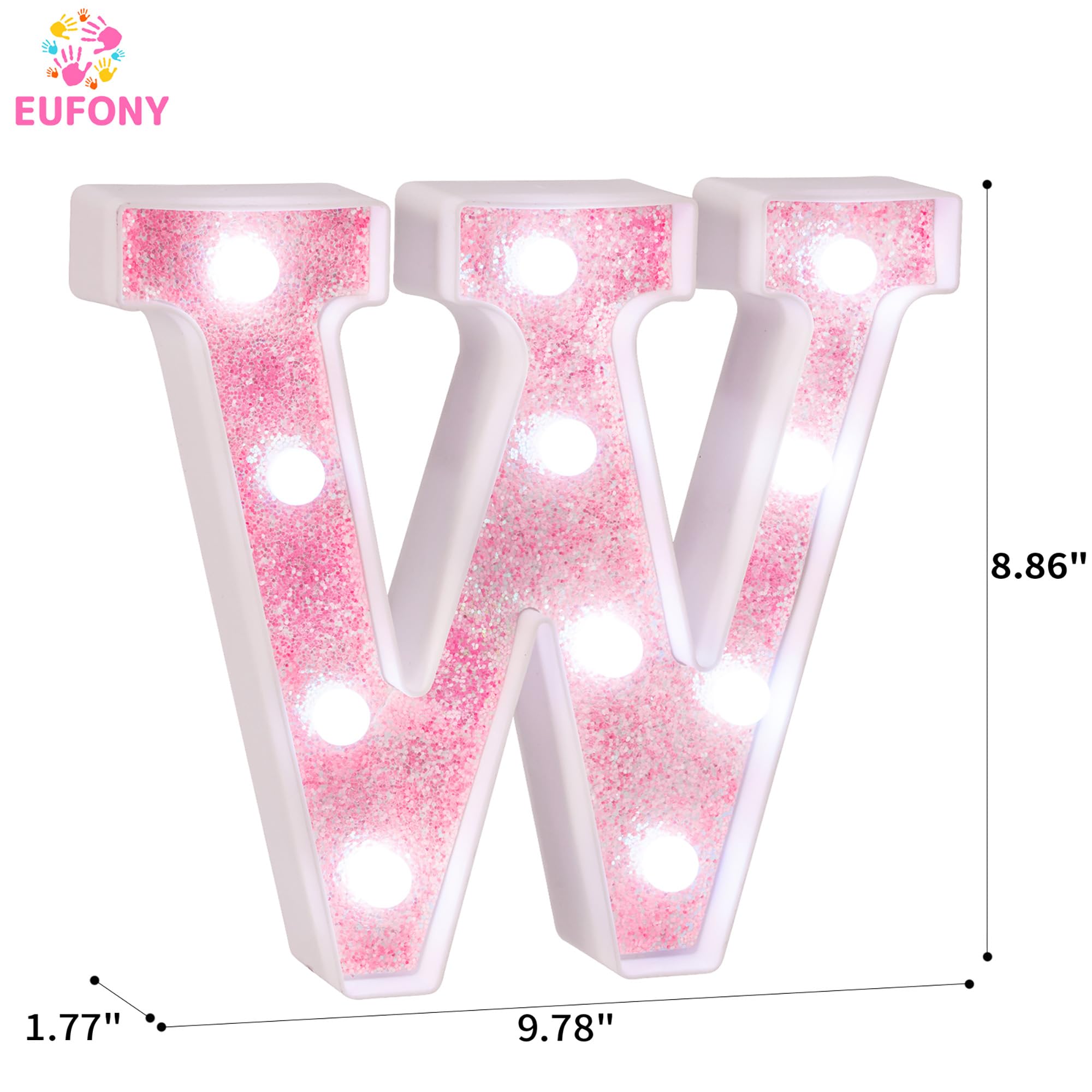 eufony LED Marquee Light Up Letter W, Glitter Pink, Battery-Powered, Cool White Lights, Wall & Table Decor