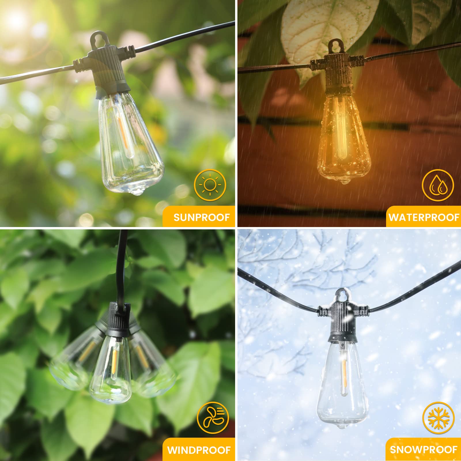 Zuske 100Ft Outdoor String Lights, 50+3 Vintage Edison Bulbs, Ip65 Weatherproof, Shatterproof