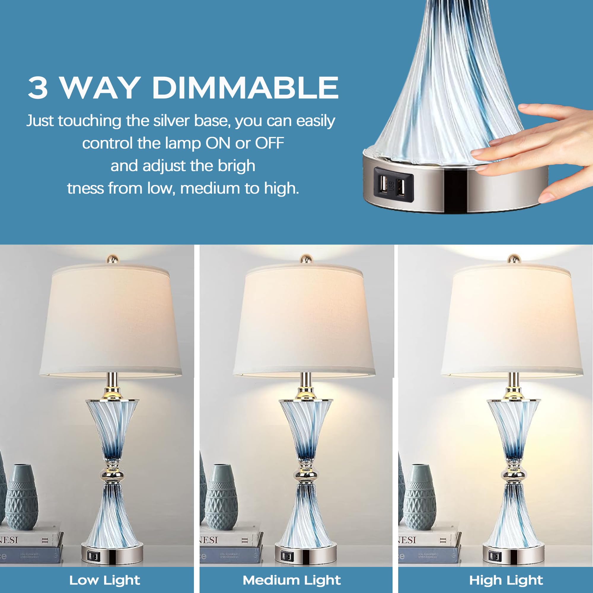 Hamucd 3-Way Dimmable Touch Glass Table Lamps For Bedrooms With 2 Usb Ports Set Of 2 Coastal Beach Bedside Lamps For Contemporary Modern Night Stand Lamps With 2 Led Bulbs For Lighting Decor