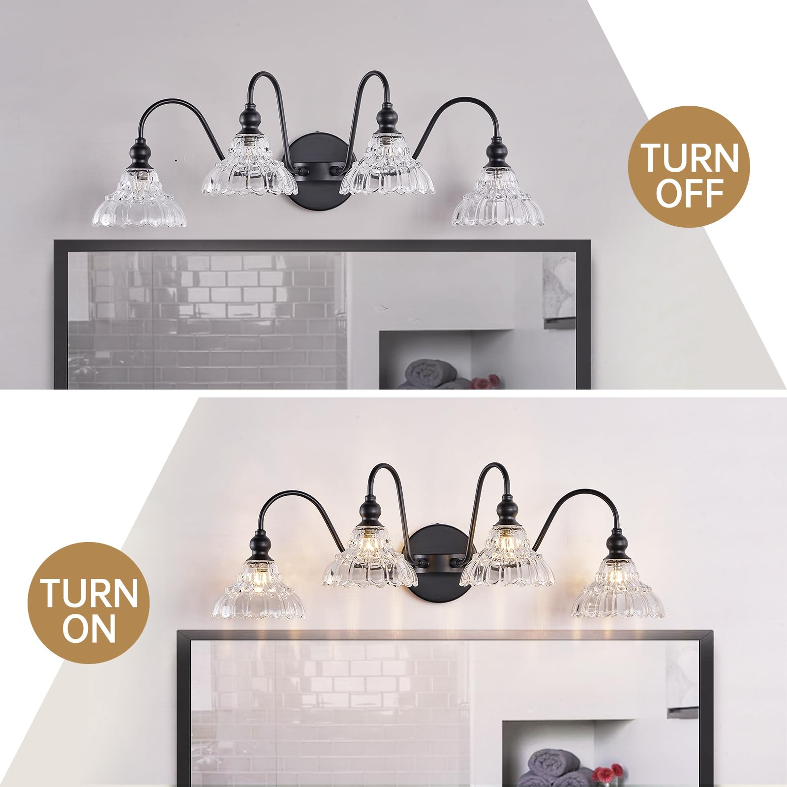 TLOLGT 4-Light Vanity Light Fixtures - Brass Glass Vintage Wall Sconces for Bathroom, Dining Room, Bedroom - Model A123-4B
