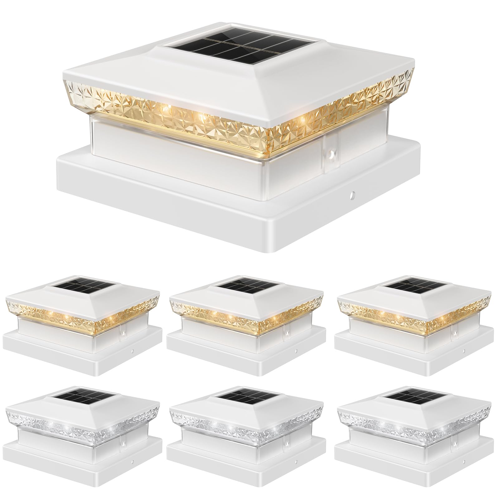 Flyingod Solar Post Cap Light 4x4/5x5 - 6 Pack, Dual Color, 800mAh, 12H Runtime, Auto Dusk-to-Dawn On/Off, White